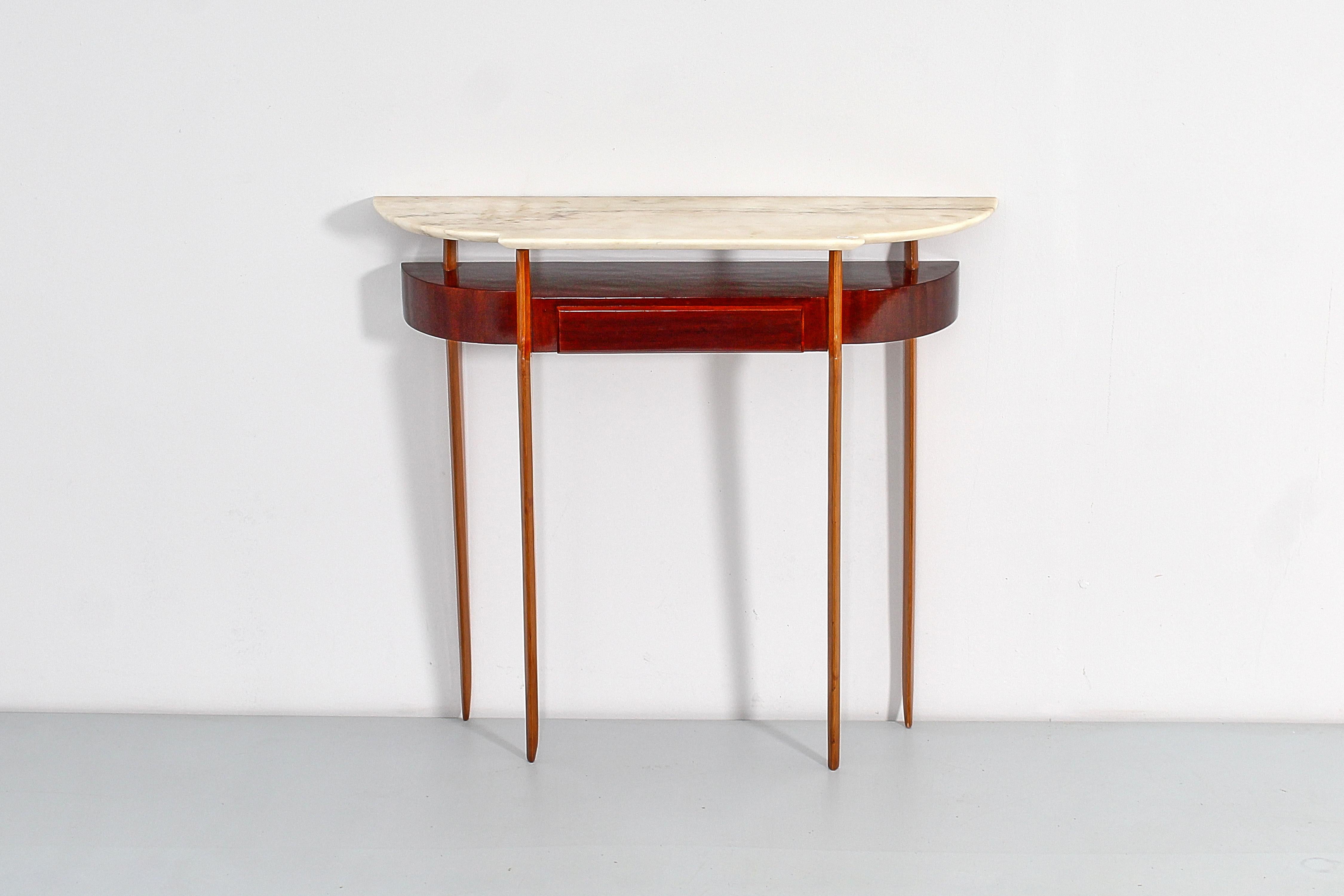 Mid-Century, Ico Parisi Style Wood and Marble Console Table, 1950s, Italy In Good Condition In Palermo, IT