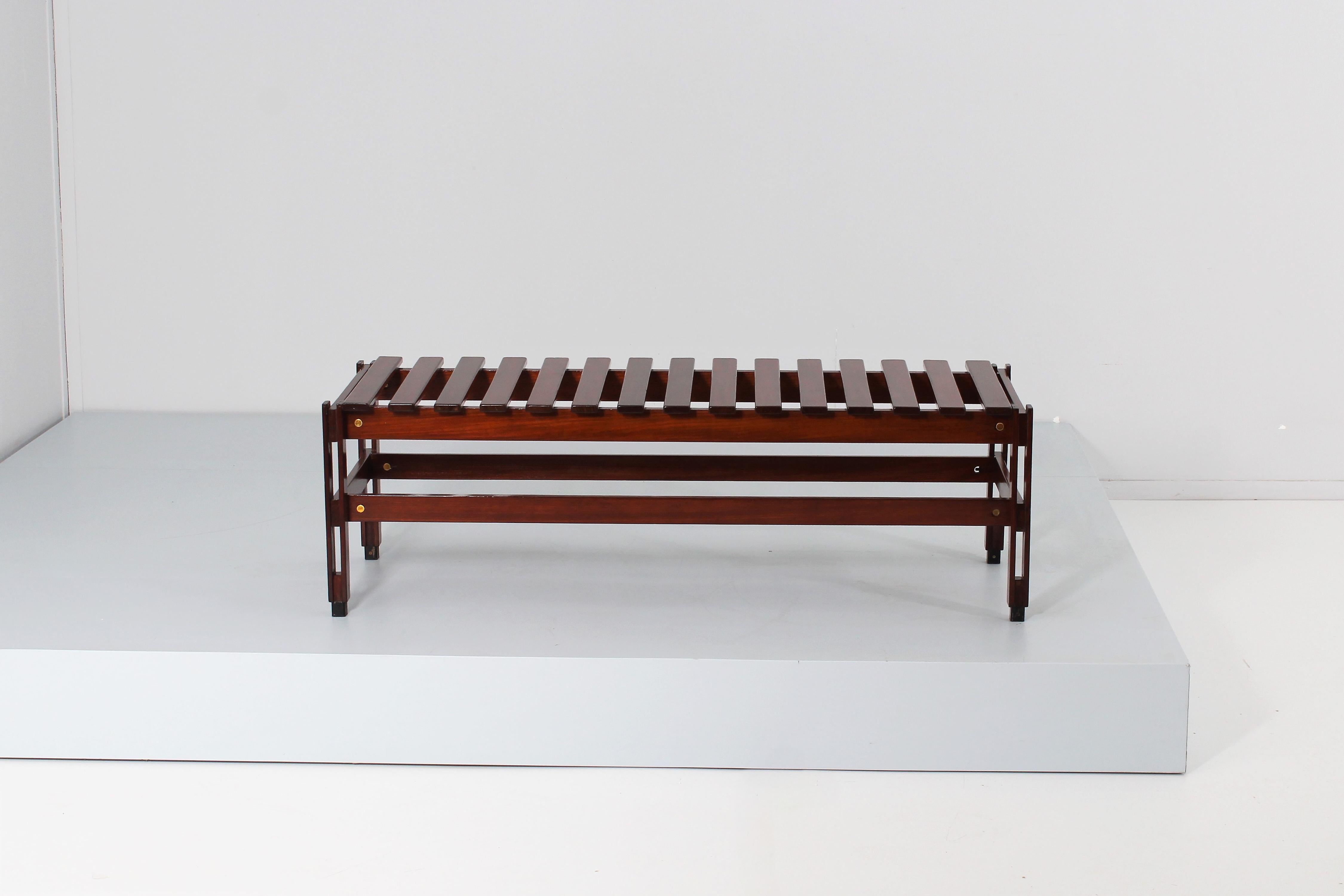 Very rare bench attibuted to Ico Parisi in 1950s.
The low seat is made of teak with burnished brass details
Restored, sanded and oil finished.
Wear consistent with age and use.
 
 
