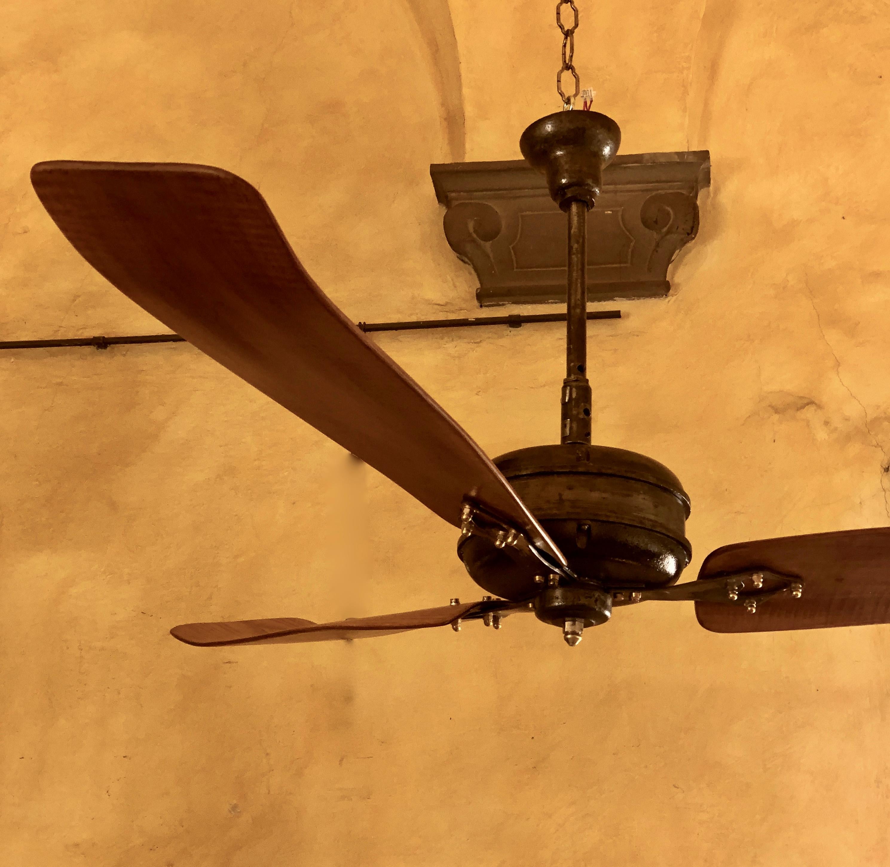 Perfectly functioning and refreshed with 3 new wooden blades.
220 V - 70/80 watts - 18 Kg.
Dimmer and hook to the ceiling supplied too.
To be used all year round (during the winter it blows the hot air toward the bottom of the room).
During the