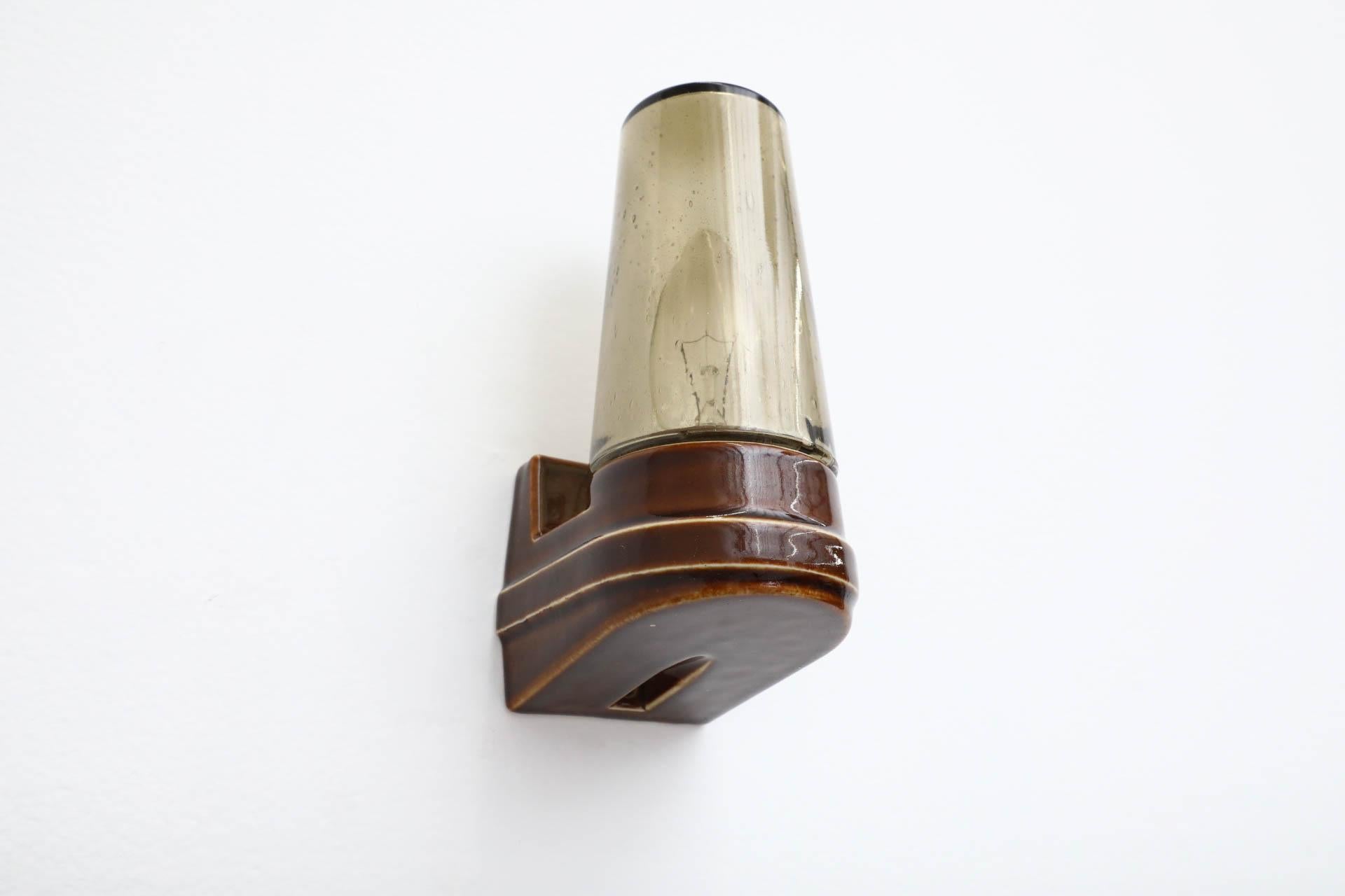 Porcelain Mid-Century IFÖ Wall Lamp 6080 by Sigvard Bernadotte in Brown and Smoked Glass