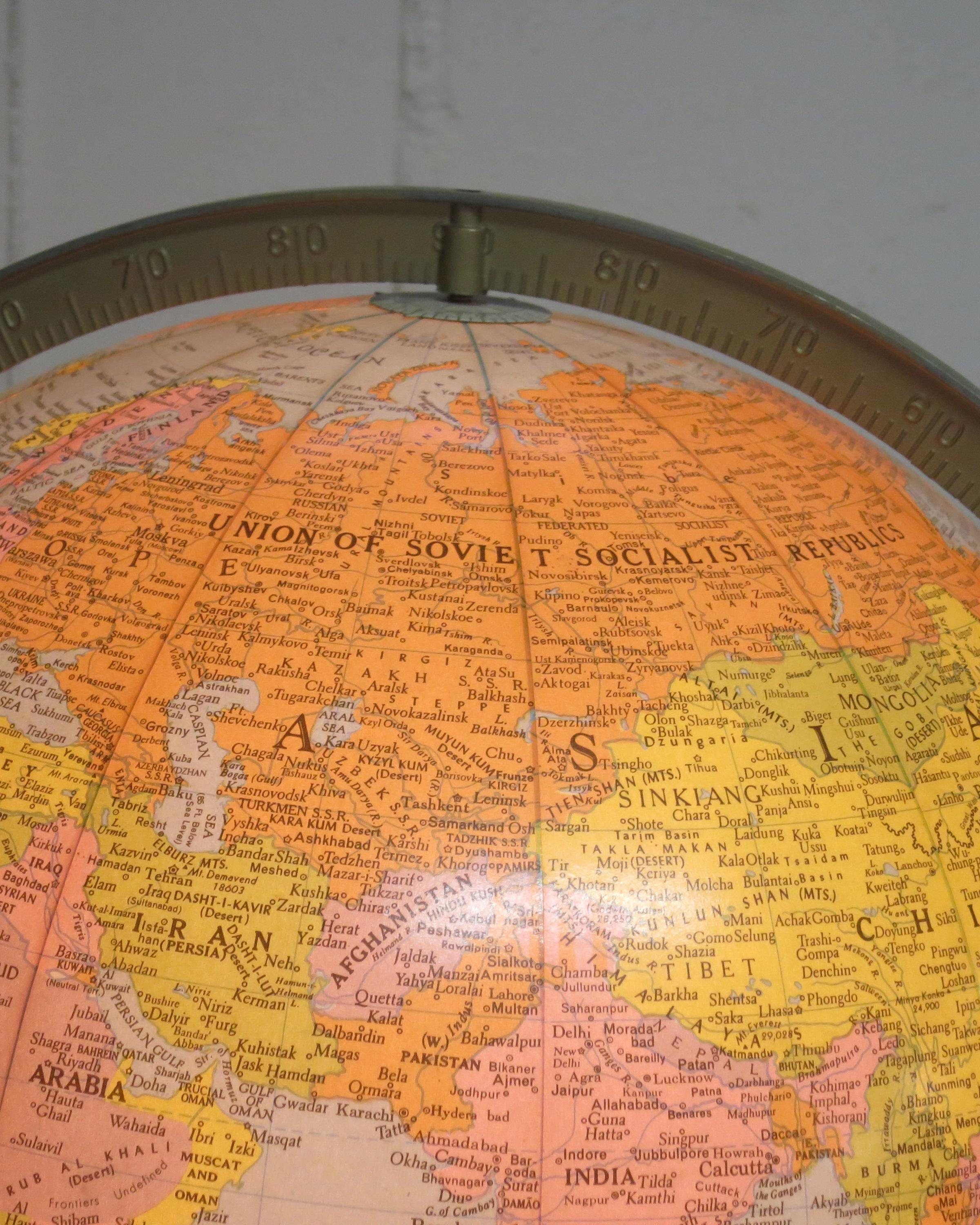 Mid-20th Century Midcentury Illuminated Floor Globe on Stand Replogle For Sale