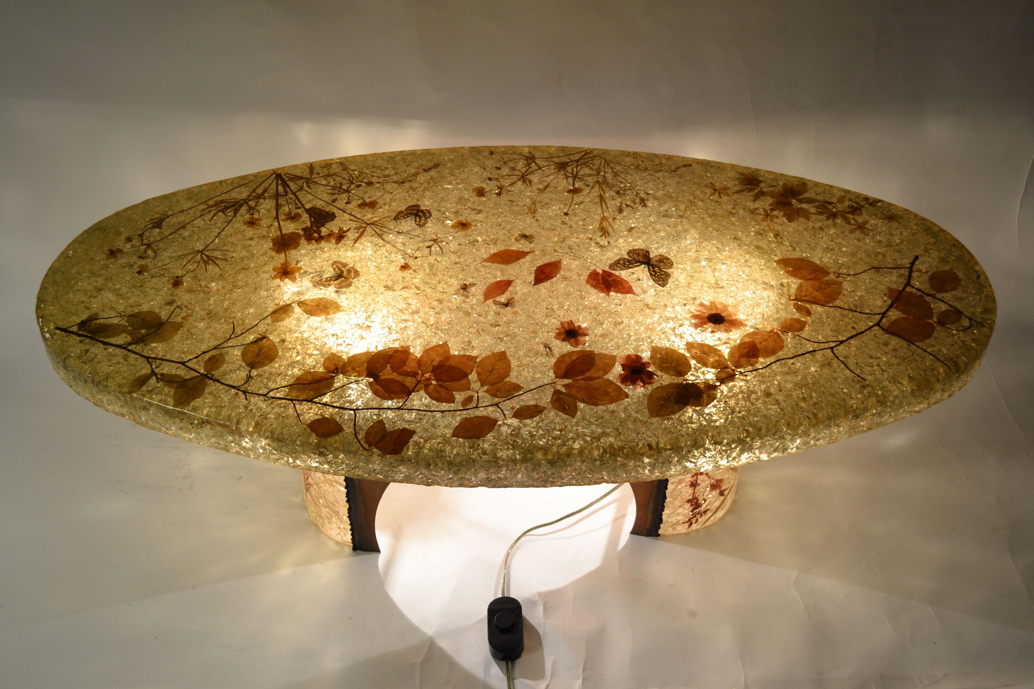 Midcentury illuminated resin coffee table from Accolay, France
D'accolay, coffee table, resin and natural elements, France, 1960s.

Naturalistic illuminating coffee table made by D'accolay in France during the 1960s.
The crackled resin top