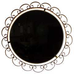 MIROIR MURAL lumineux du milieu du siècle avec cadre en fer et laiton Hillebrand années 60