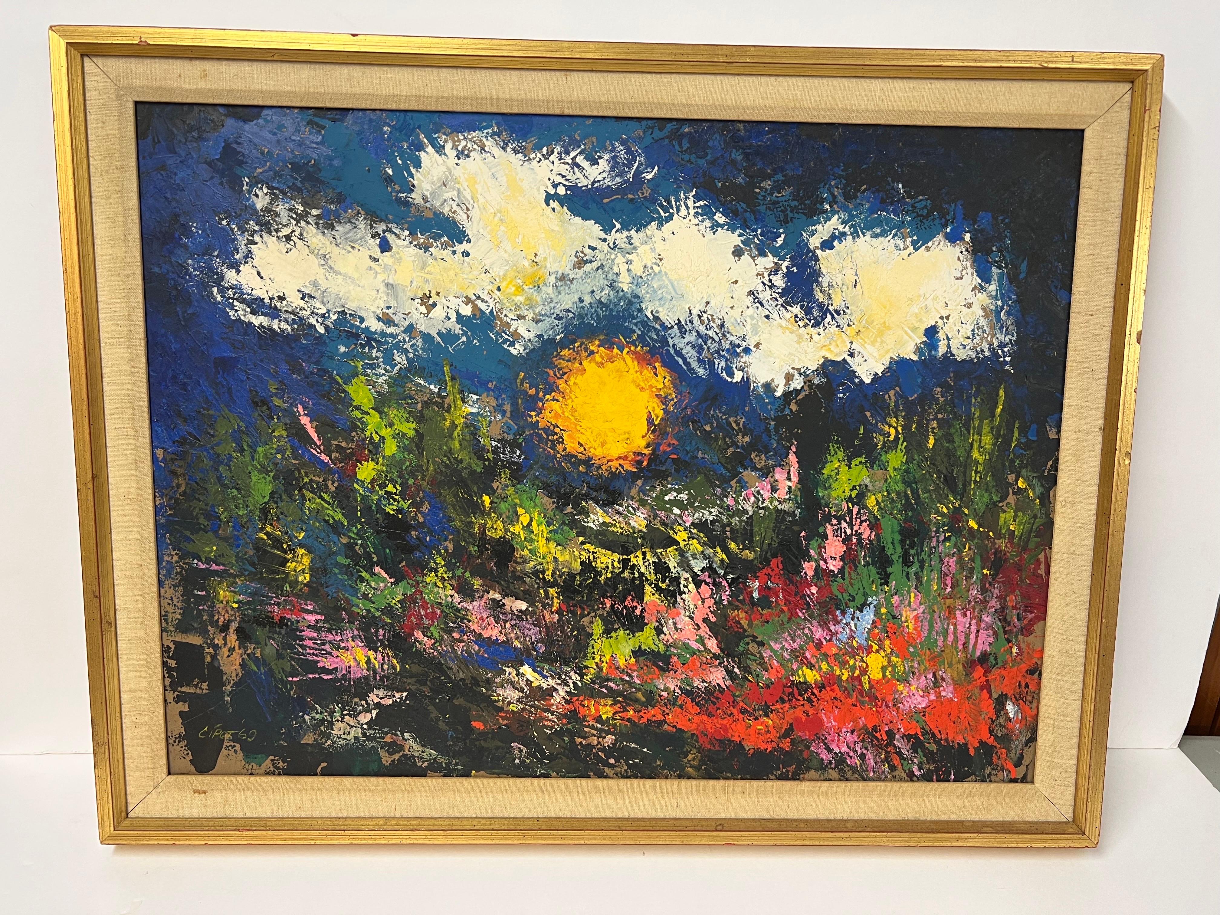 Impasto di metà secolo di un campo soleggiato  di John Stephens Cipot
 Americano (1928-2008). Firmato e datato in basso a sinistra 1969. 
 Cipot divenne professore di Arte all'Università del Connecticut nel 1964. Cipot ha frequentato la Fairfield