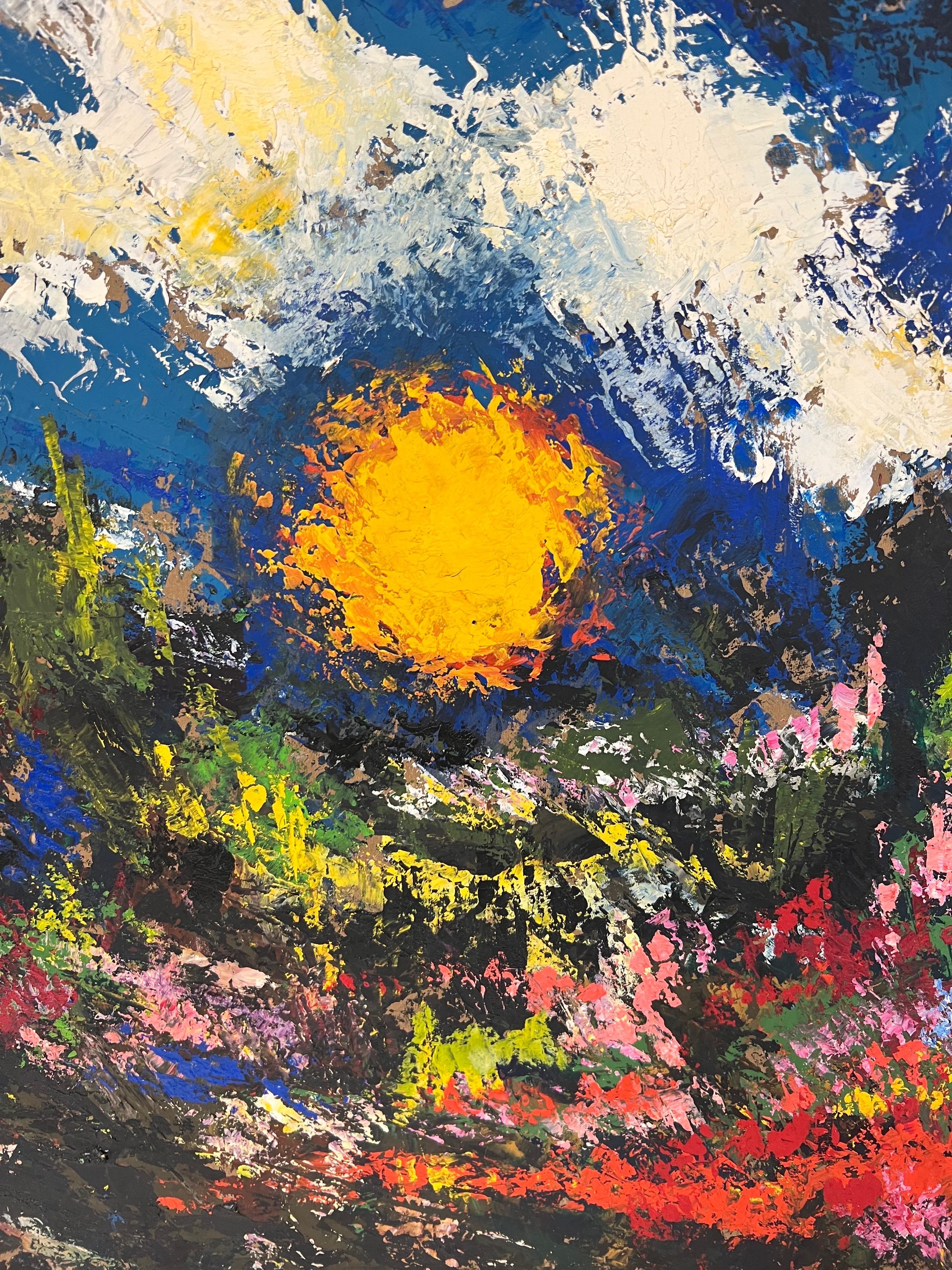 Legno Pittura astratta di un campo soleggiato di metà secolo in vendita