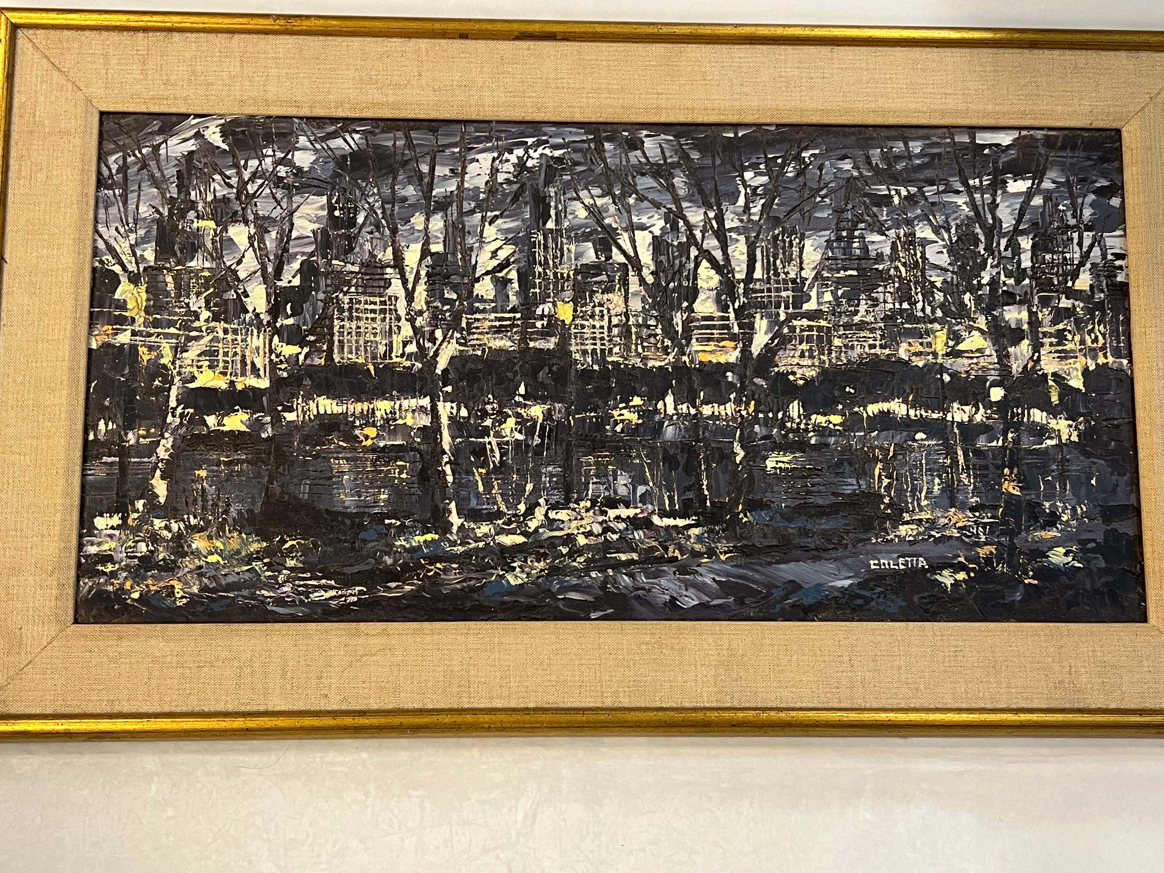 Mid Century Impasto Cityscape by Coletta. Nice heavy brushstokes made up this amazing cityscape. Deep colors of purple, black, white and yellow make up this busy composition. Perfect for that mid century home. Place above a fireplace or a sofa to