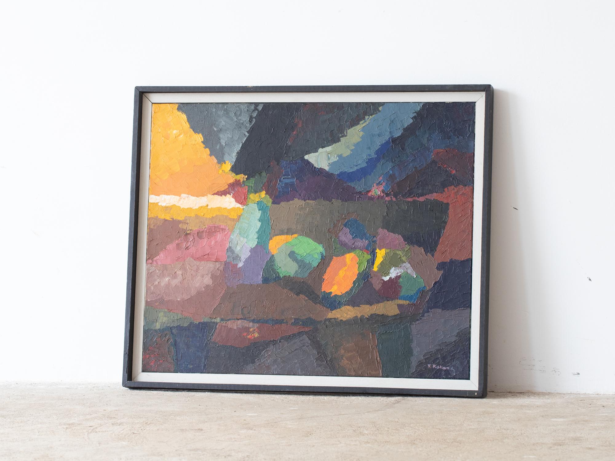 An impasto acrylic on canvas painting of a mountainous landscape. Signed T. Rolland, French, mid-late 20C.

Stock ref. #2373

In good order with light wear, set in a black timber frame.

56 x 67 cm

22.0 x 26.4 