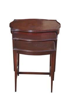 Mid Century Imperial Sheraton Style Mahogany Leather Top Nesting Tables Trio