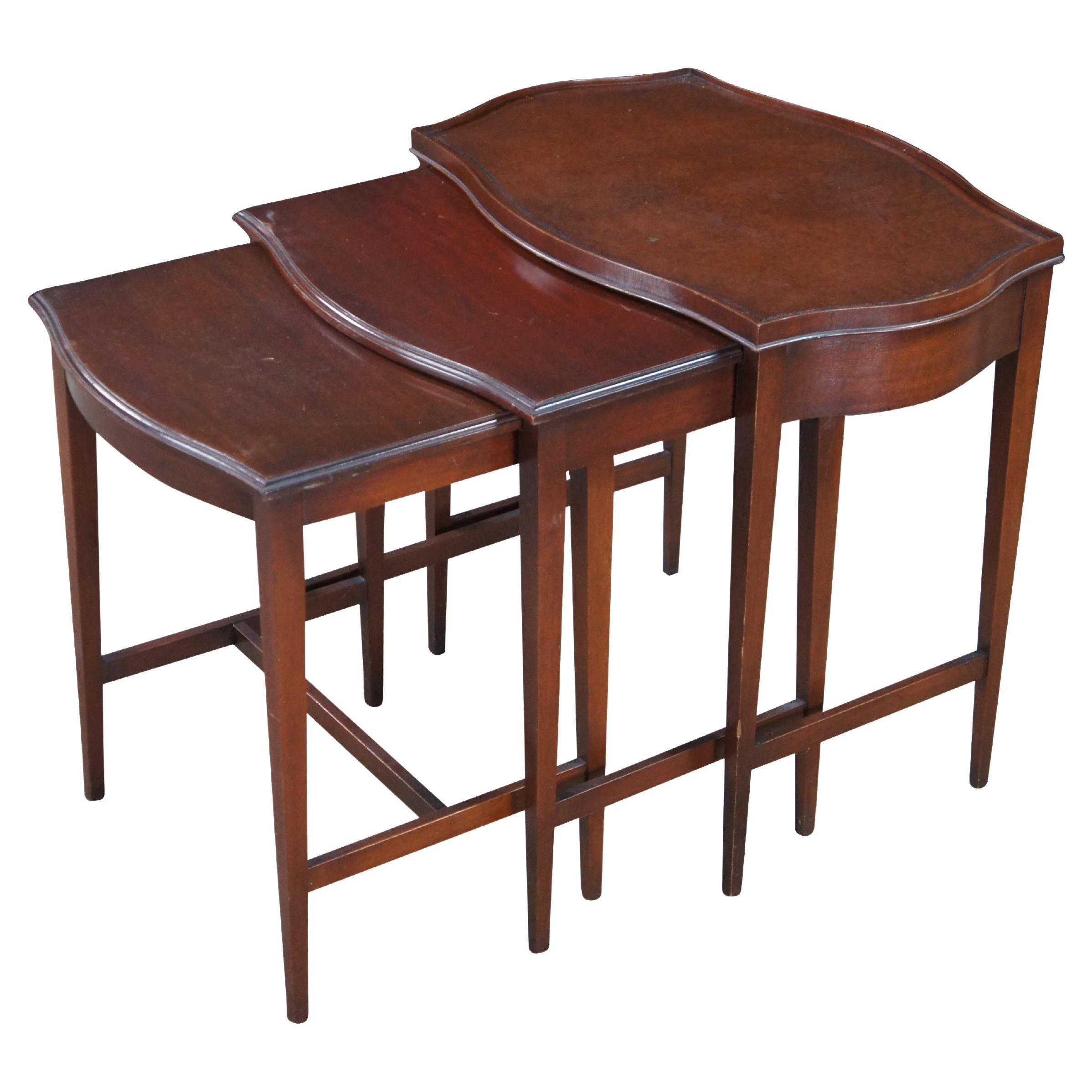 Mid Century Imperial Sheraton Style Mahogany Leather Top Nesting Tables Trio