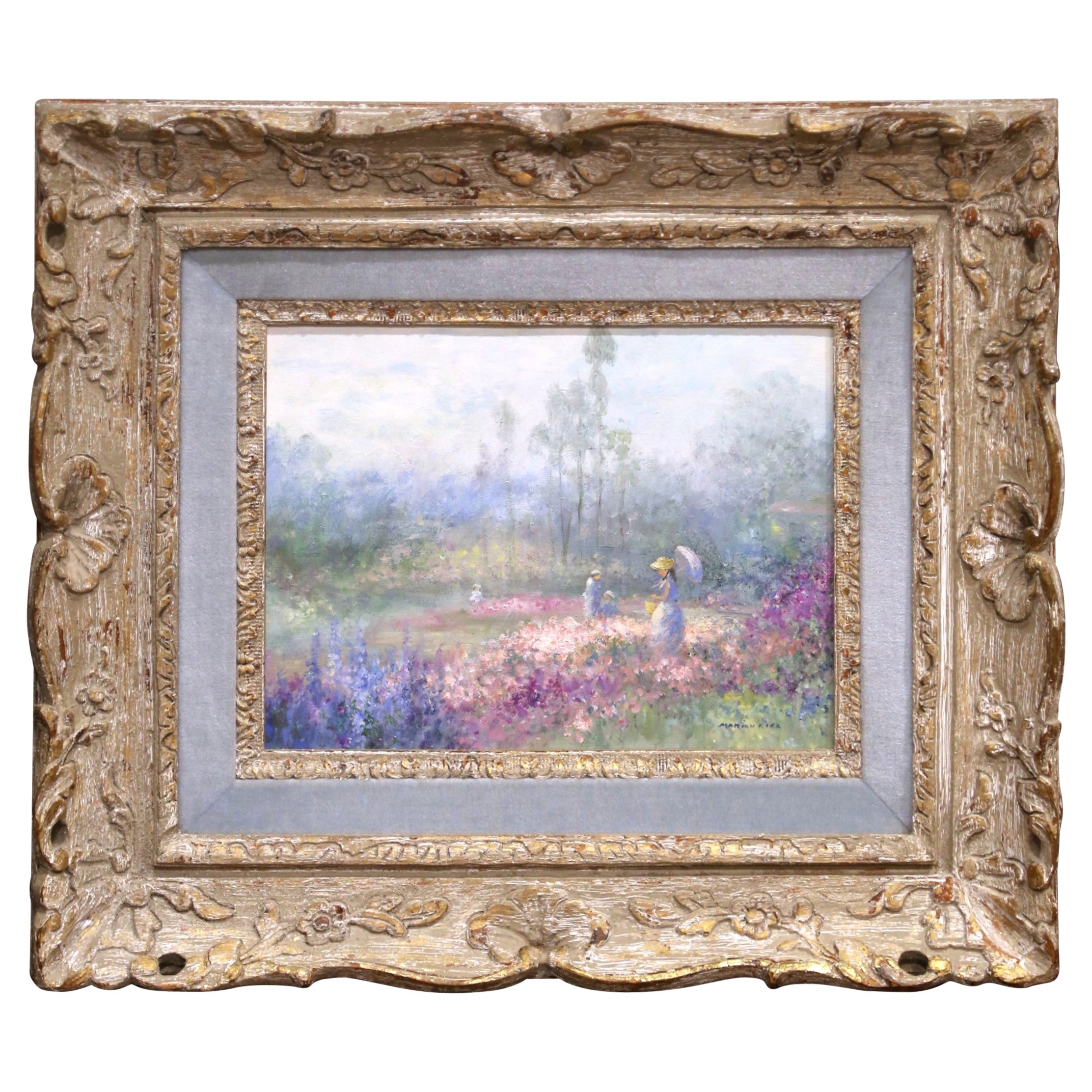 Peinture à l'huile représentant un paysage de jardin de style impressionniste du milieu du siècle, signée Marion Rice