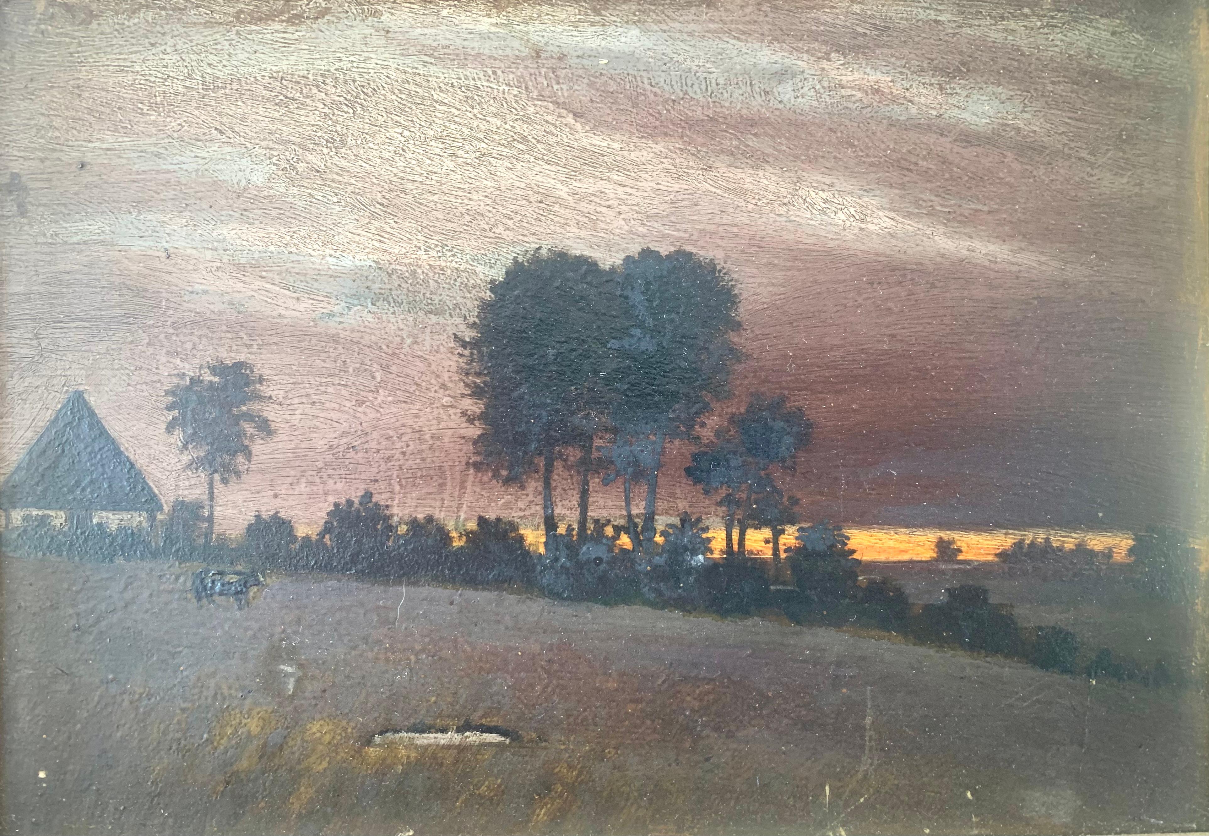 Paisaje impresionista al óleo de mediados de siglo con un dramático cielo crepuscular Danés en venta