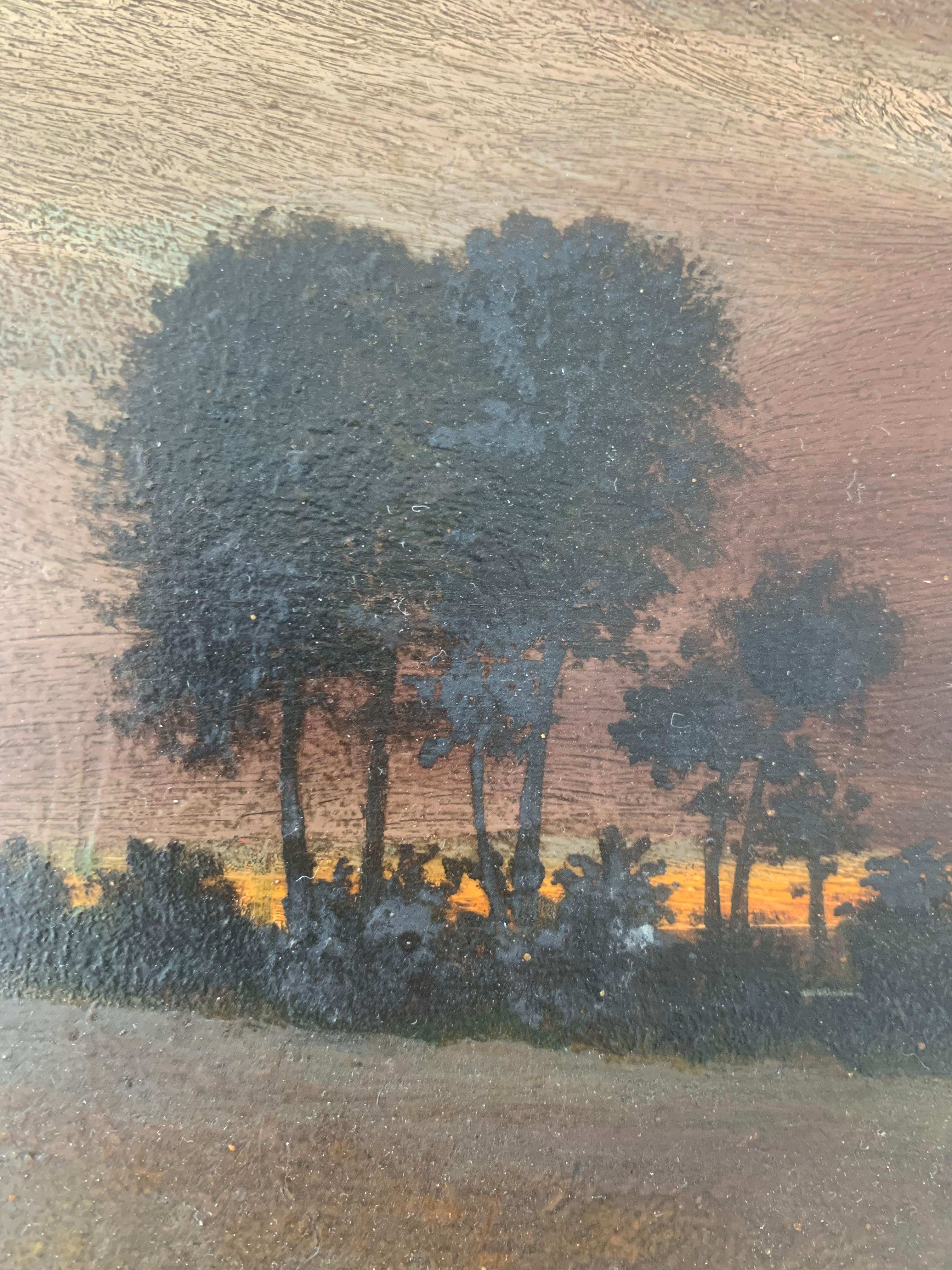 Paisaje impresionista al óleo de mediados de siglo con un dramático cielo crepuscular Pintado en venta