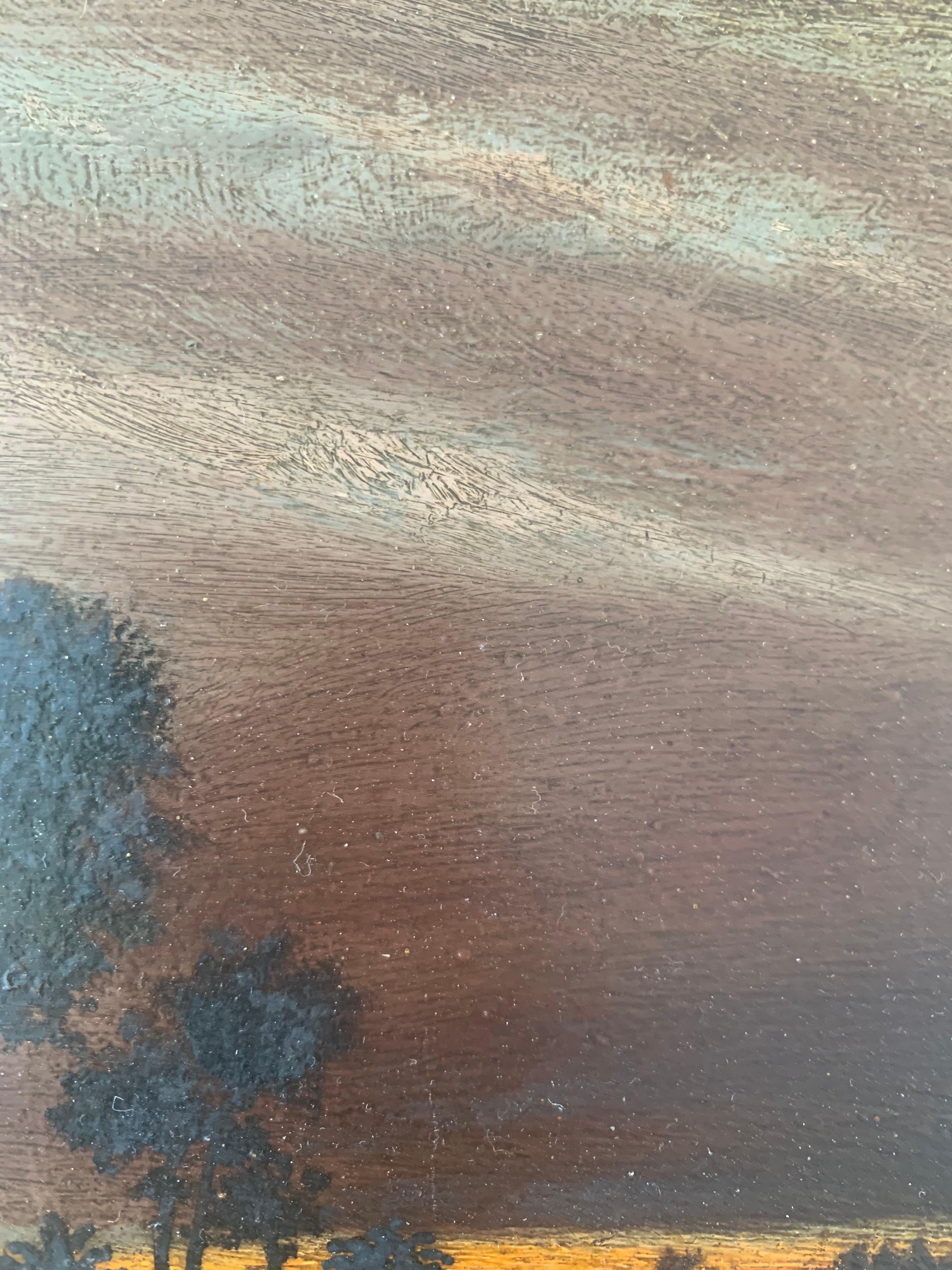 Paisaje impresionista al óleo de mediados de siglo con un dramático cielo crepuscular siglo XX en venta