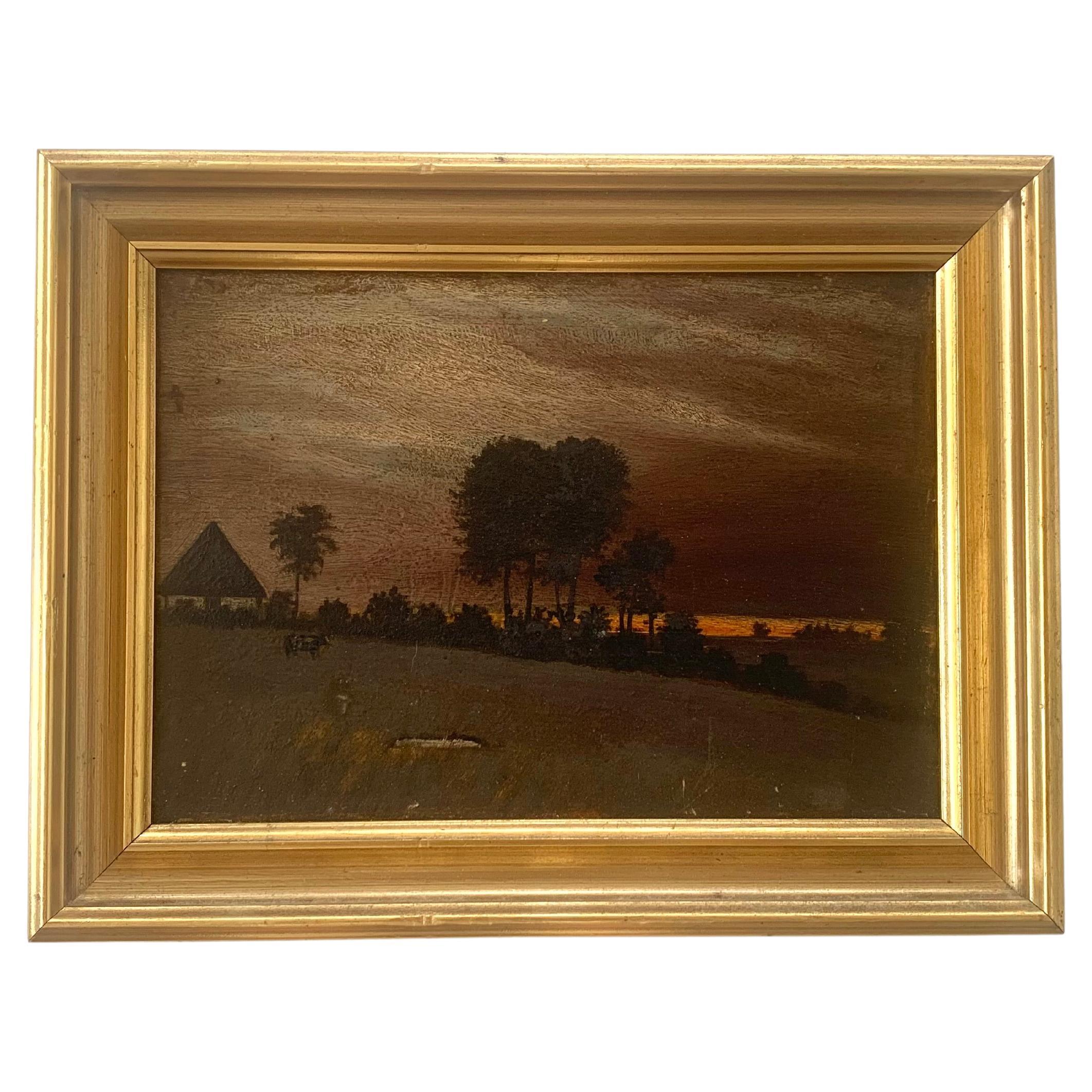 Paisaje impresionista al óleo de mediados de siglo con un dramático cielo crepuscular en venta