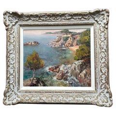 Mid-Century Impressionist Mediterranean Coastal Landscape Oil Painting Signed