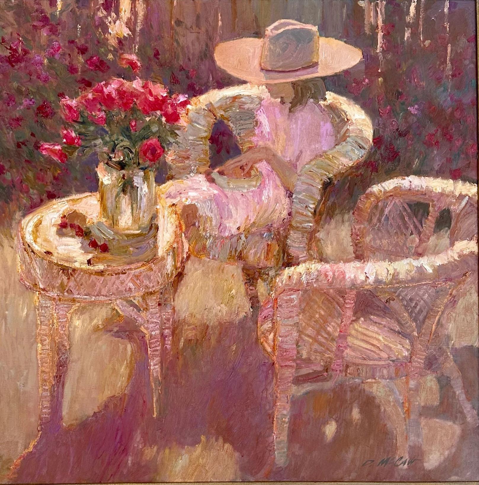 An evocative mid century impressionist oil painting titled “Sunlit Woman Garden Bouquet” by Dan McCaw (b. 1942, Seattle, WA), a listed and widely collected American artist known for his expressive brushwork and luminous, emotional
