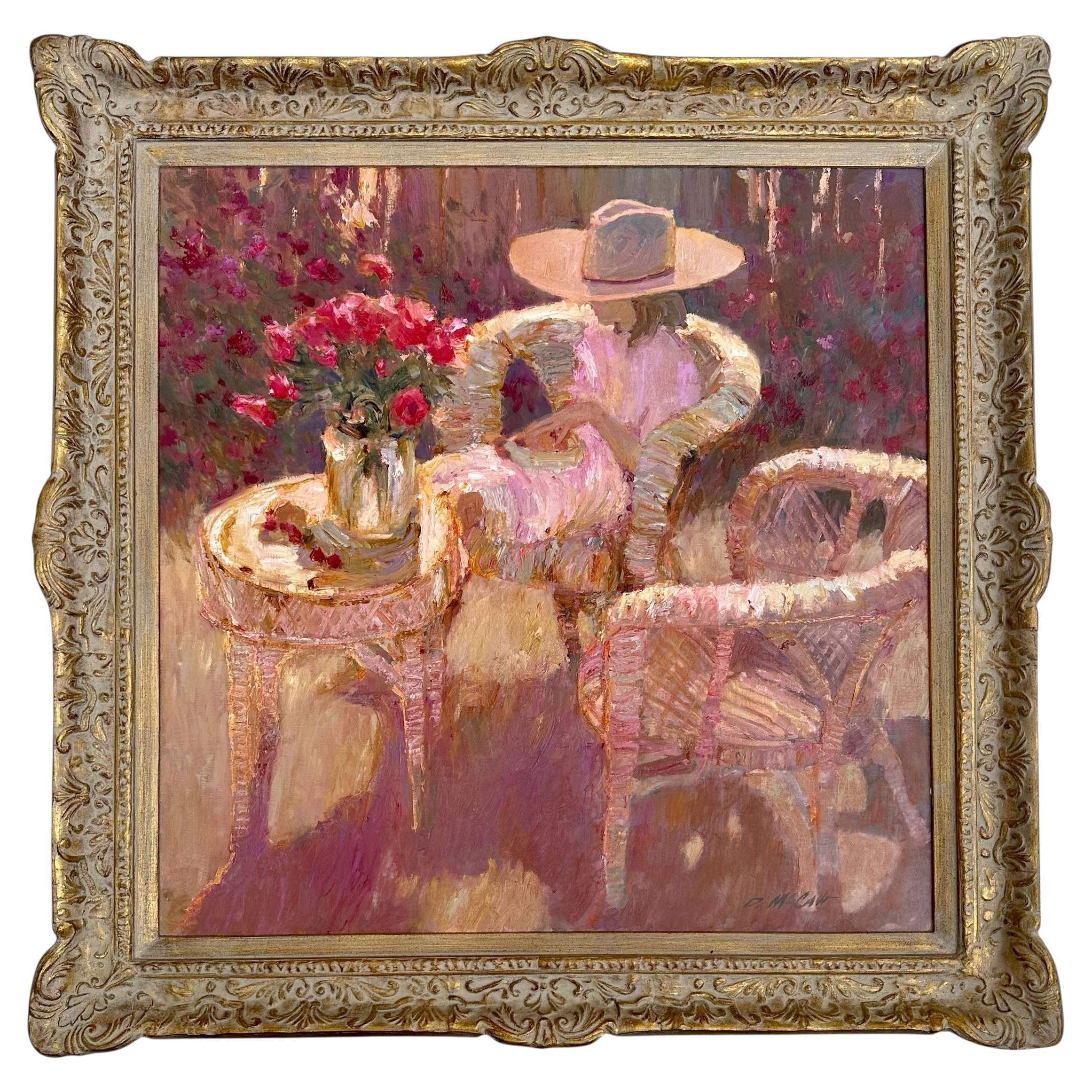 Mid Century Impressionist Oil Painting “Sunlit Woman Garden Bouquet” by Dan McCa