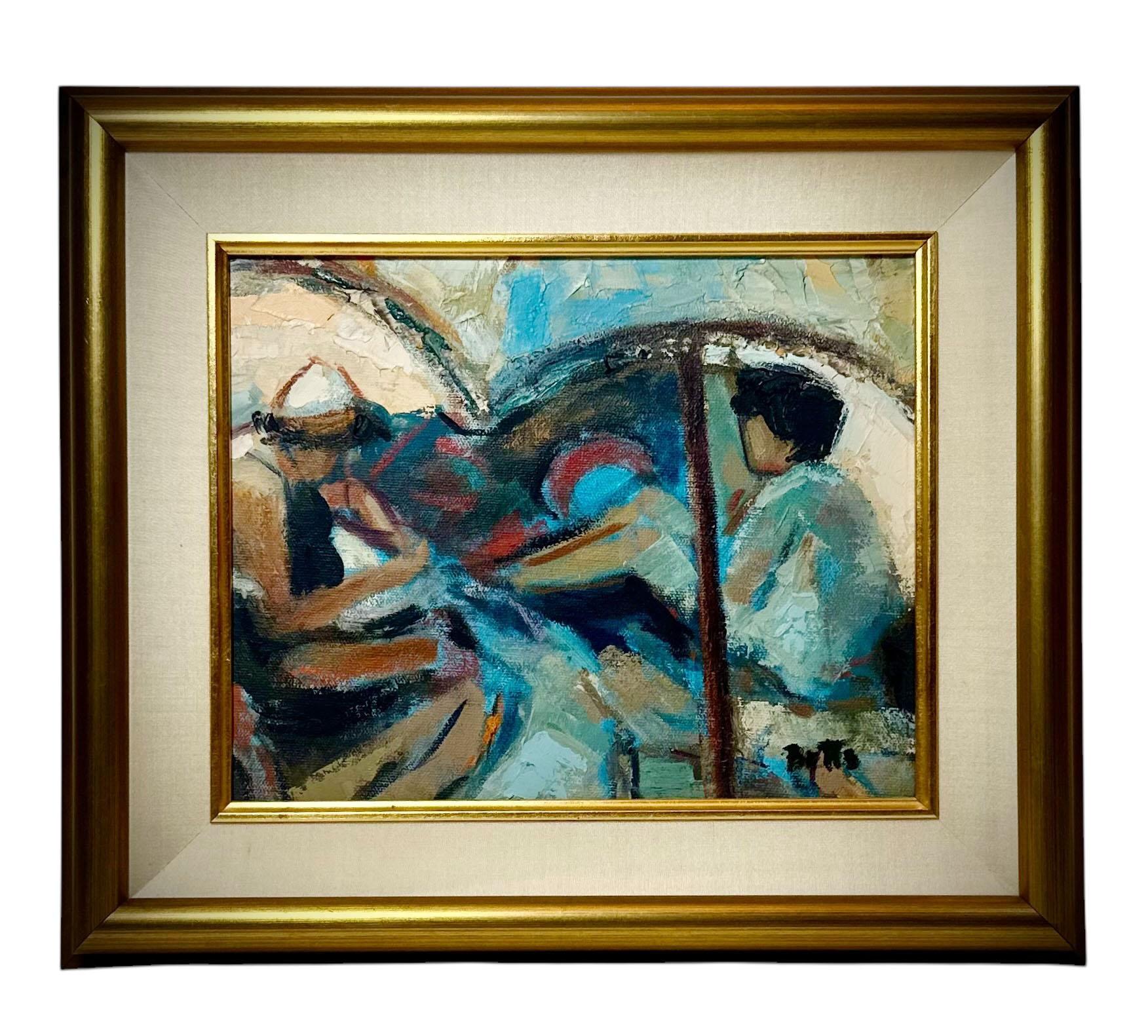 This stunning mid century impressionist oil on canvas captures a serene seaside moment, depicting two women under umbrellas on the beach. Rendered in expressive brushstrokes and a soft, sunlit palette, this piece beautifully embodies the charm of