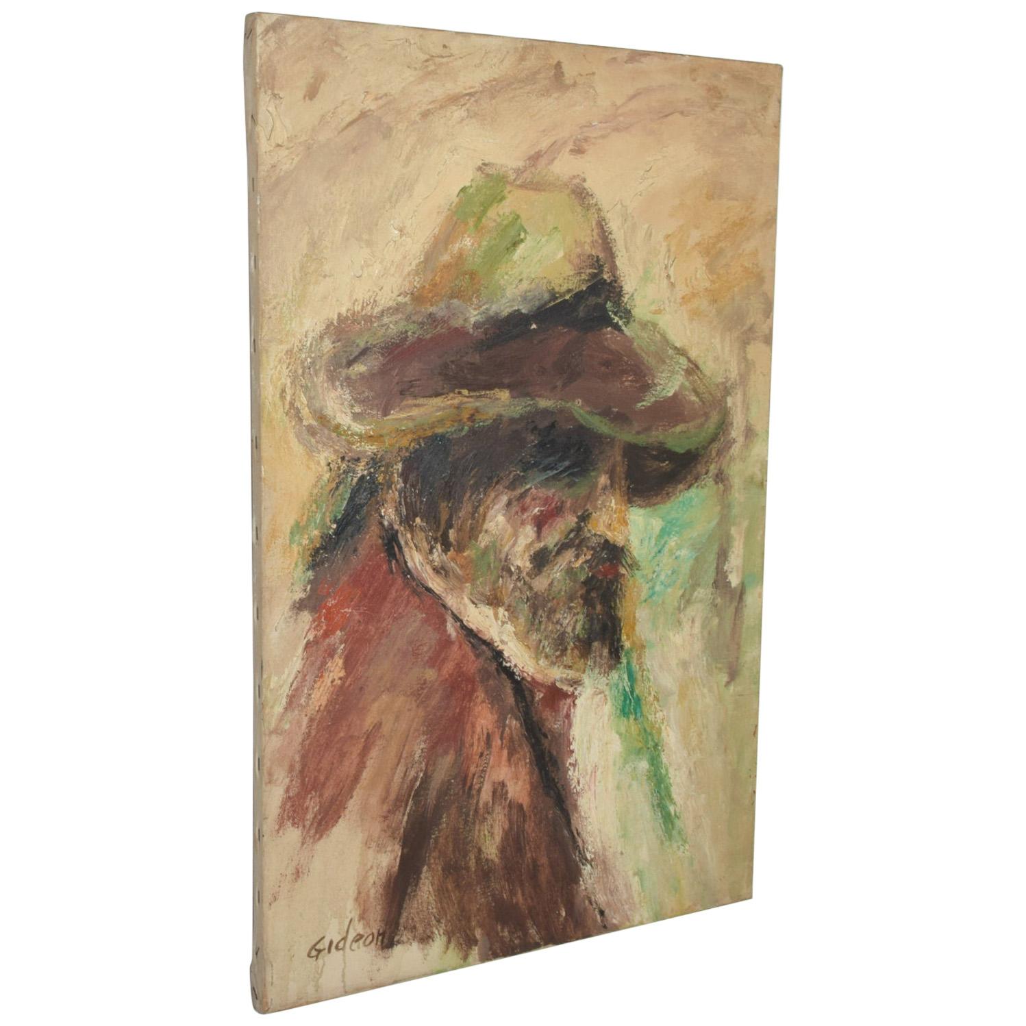 MidCentury Impressionist Elmo GIDEON Original Oil on Canvas Painting Man w/ Hat