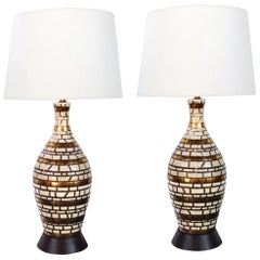 Midcentury Incised Geometric Bottle-Form Lamps with Gilt Highlights