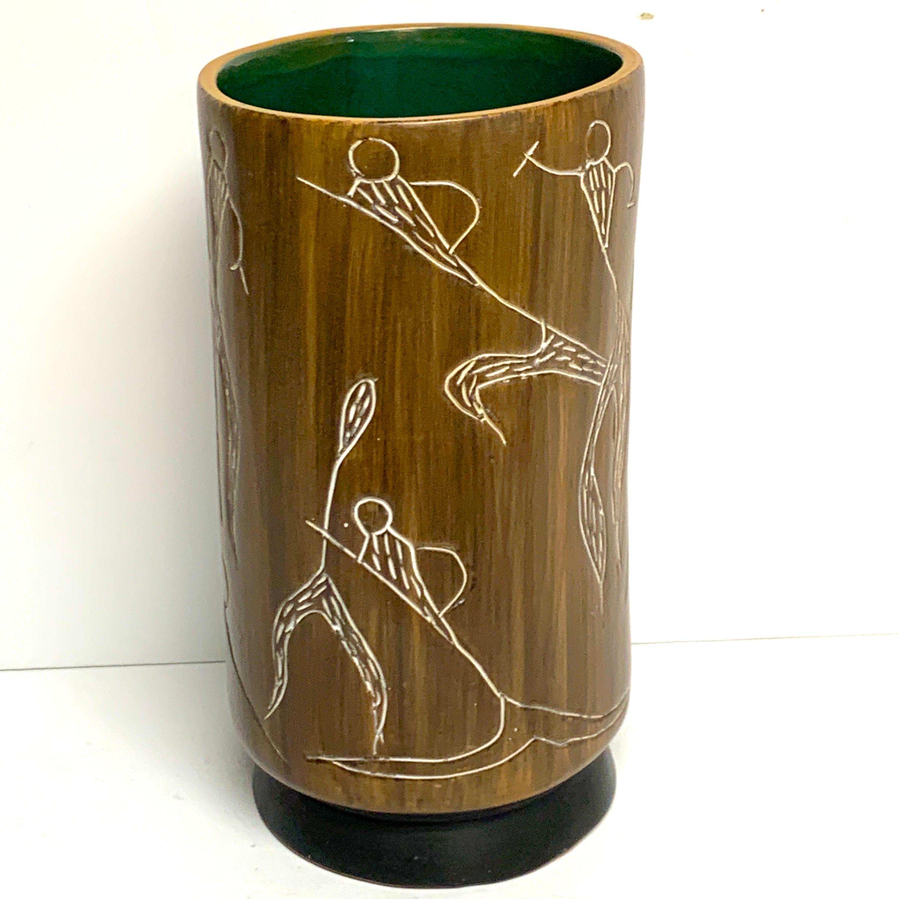 Pottery Midcentury Incised Tree Bark Vase