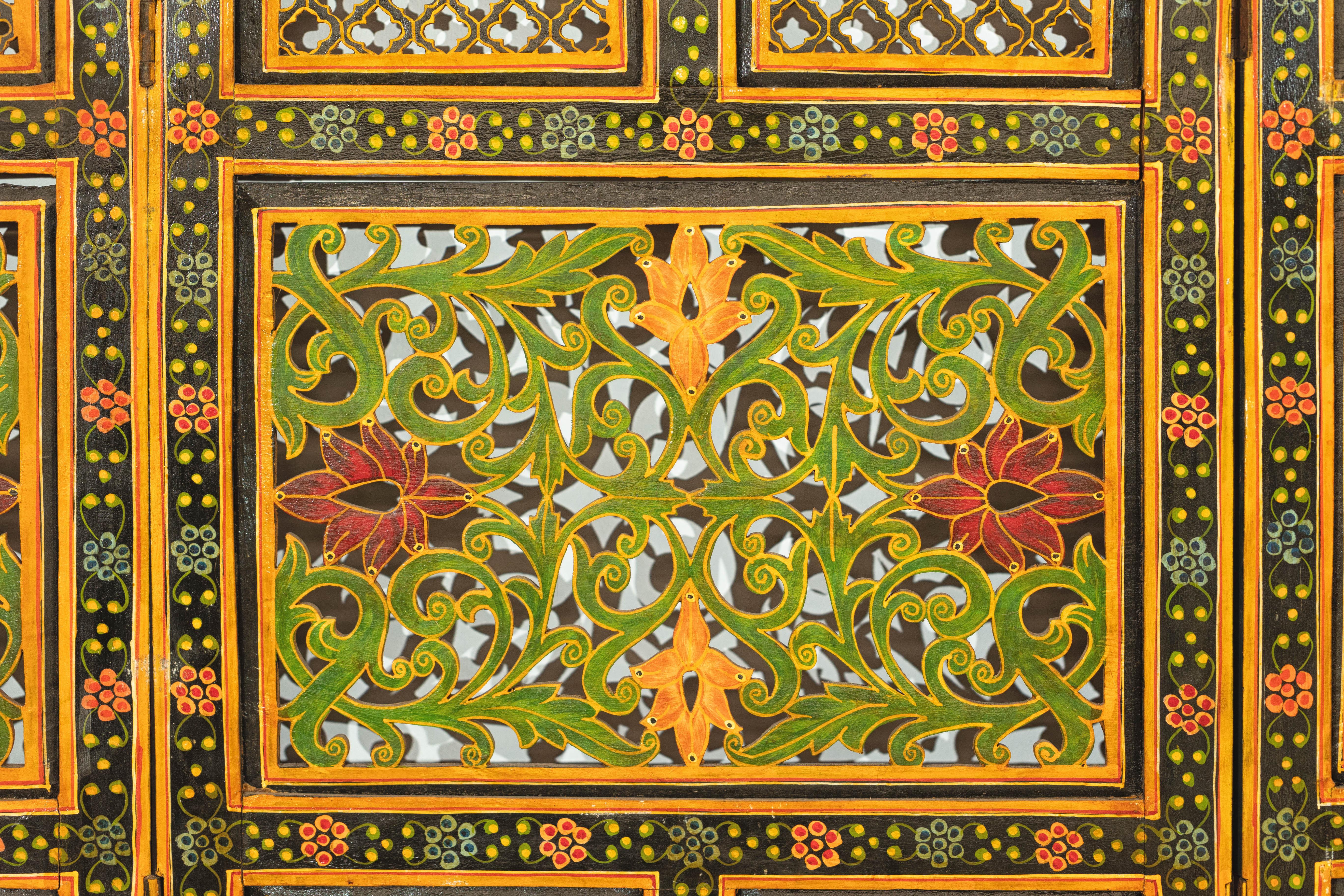 Mid-Century Indian Fretwork Screen with Hand-Painted Details and Bold Colors For Sale 5