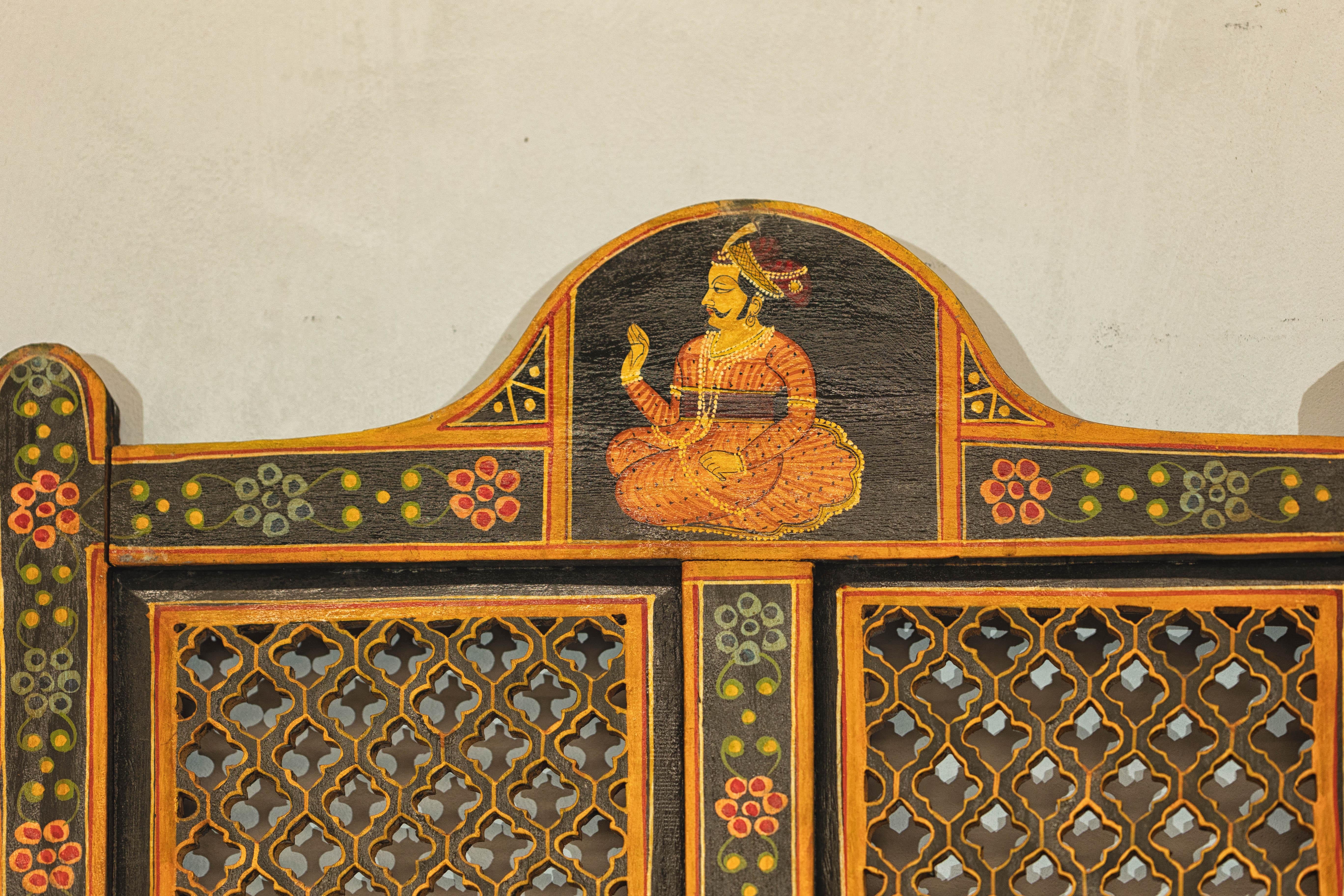 Mid-Century Indian Fretwork Screen with Hand-Painted Details and Bold Colors For Sale 7
