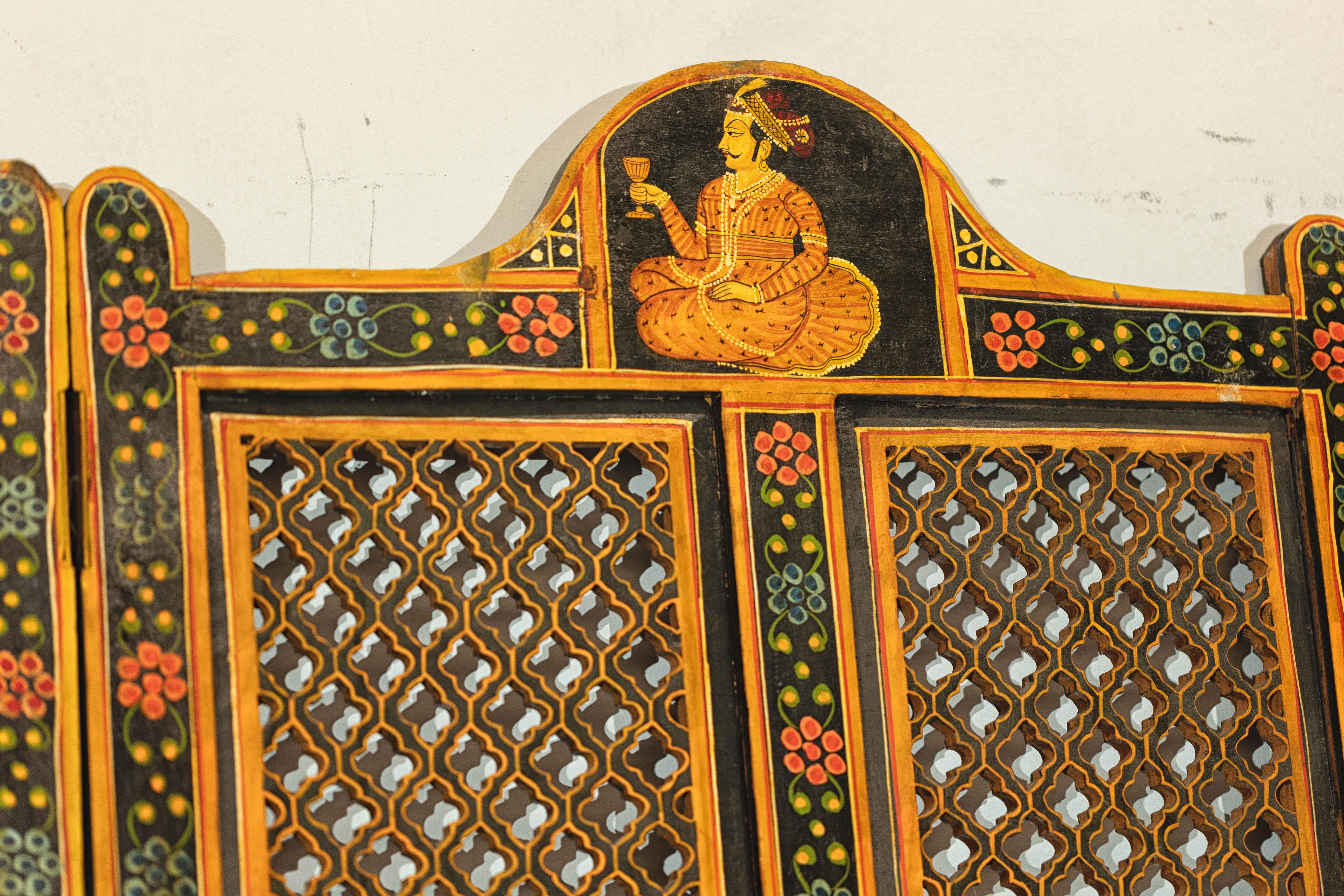 Mid-Century Indian Fretwork Screen with Hand-Painted Details and Bold Colors For Sale 8