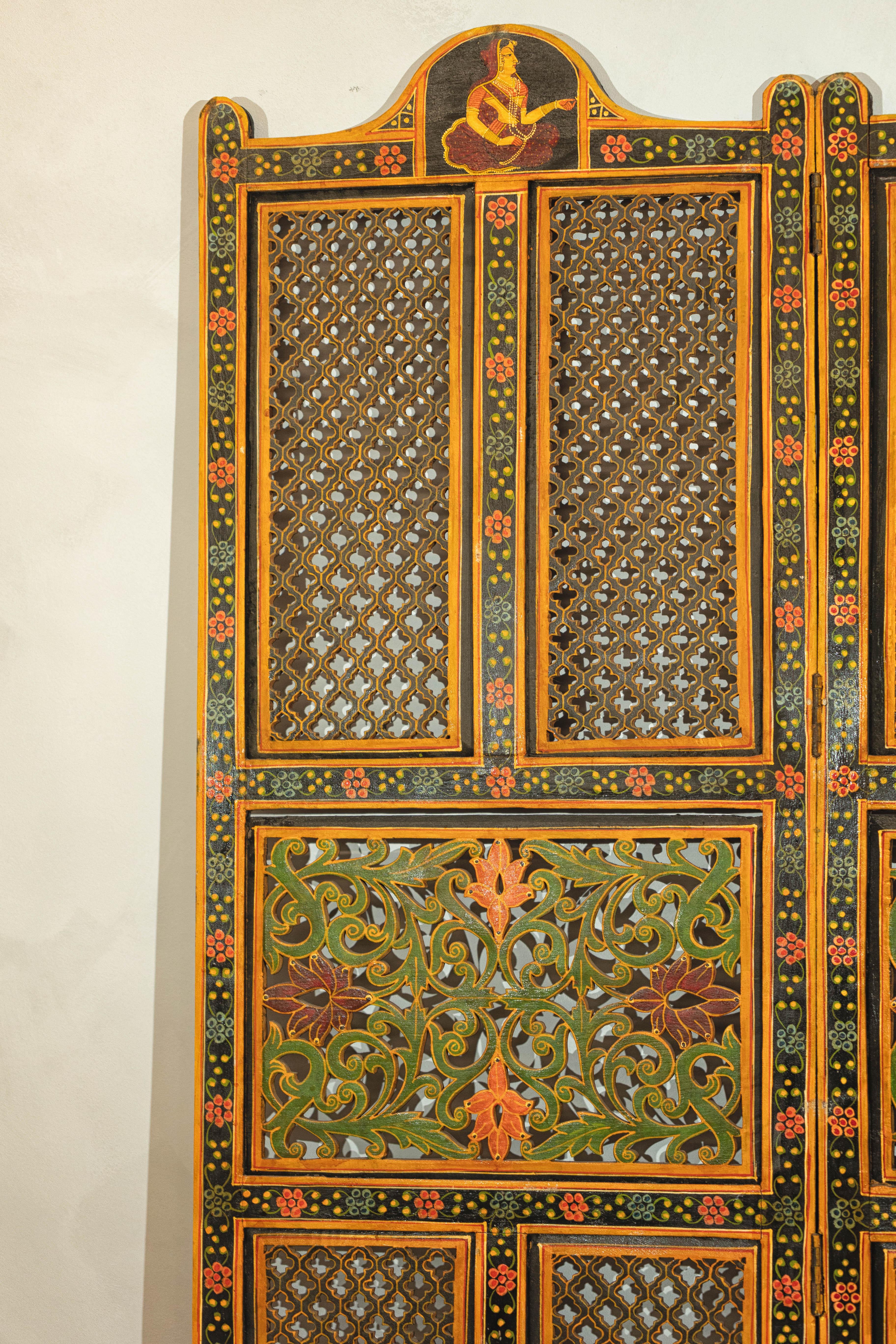 Mid-Century Indian Fretwork Screen with Hand-Painted Details and Bold Colors For Sale 9