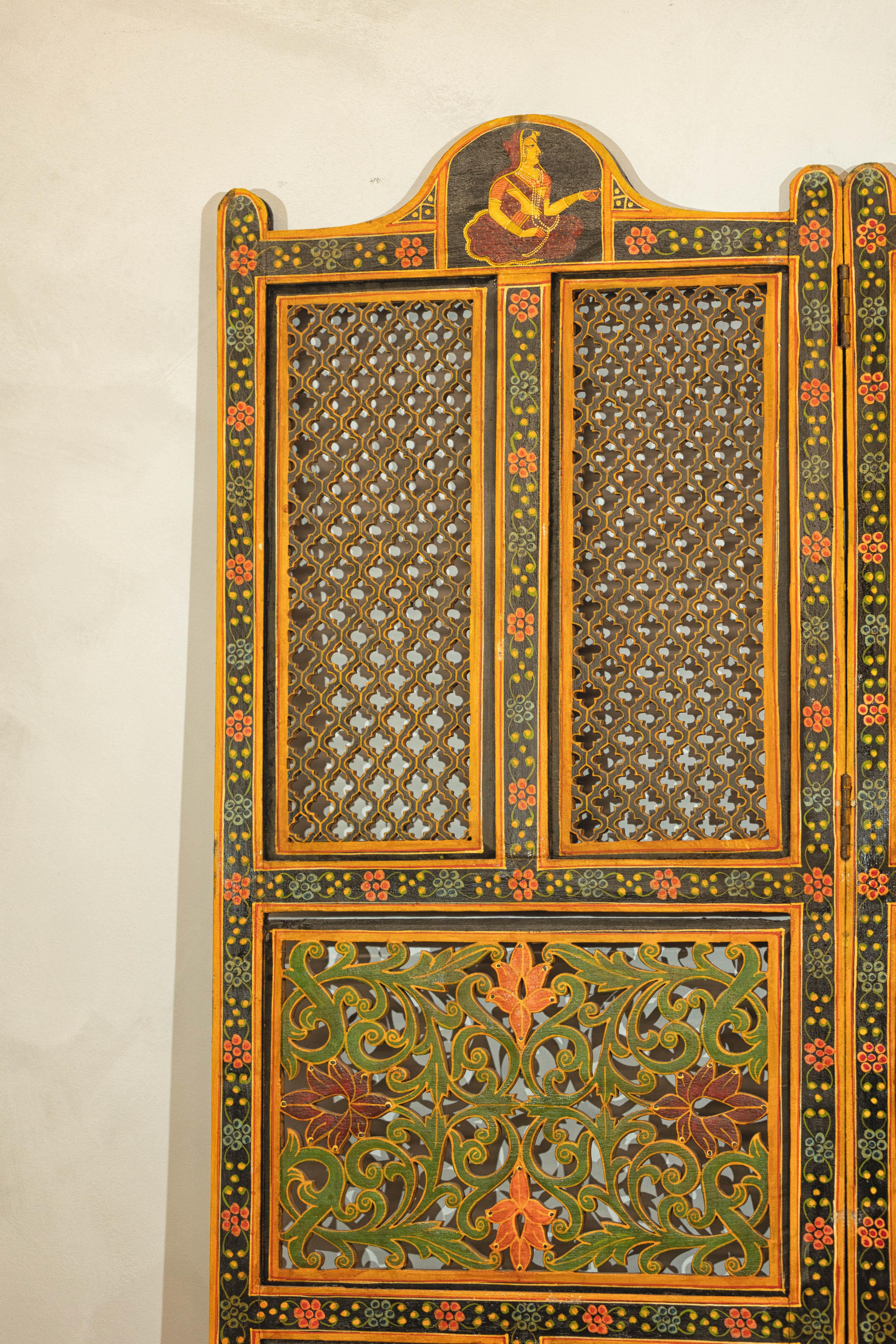 Mid-Century Indian Fretwork Screen with Hand-Painted Details and Bold Colors For Sale 10
