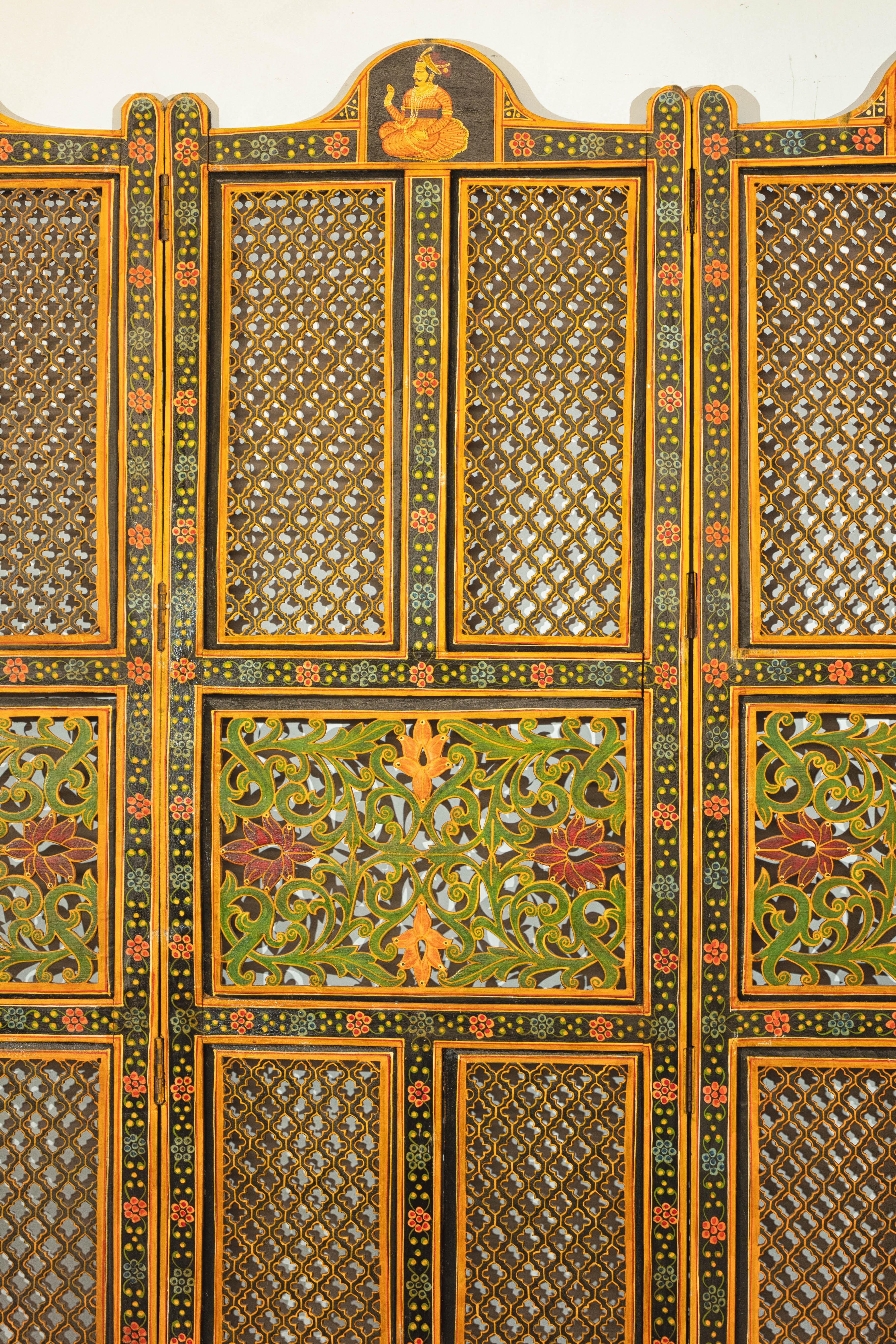 Mid-Century Indian Fretwork Screen with Hand-Painted Details and Bold Colors For Sale 11
