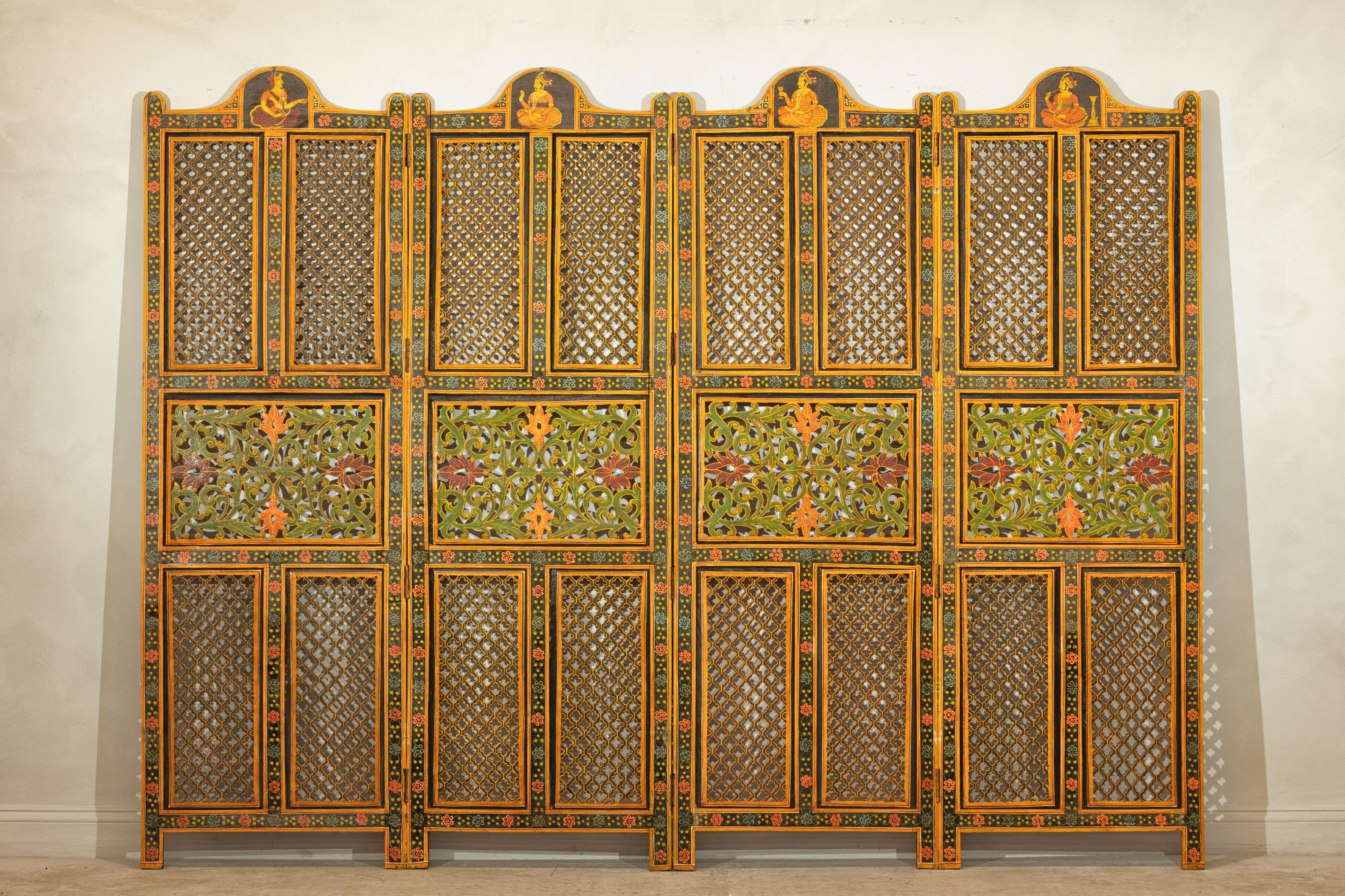 Hand-Carved Mid-Century Indian Fretwork Screen with Hand-Painted Details and Bold Colors For Sale
