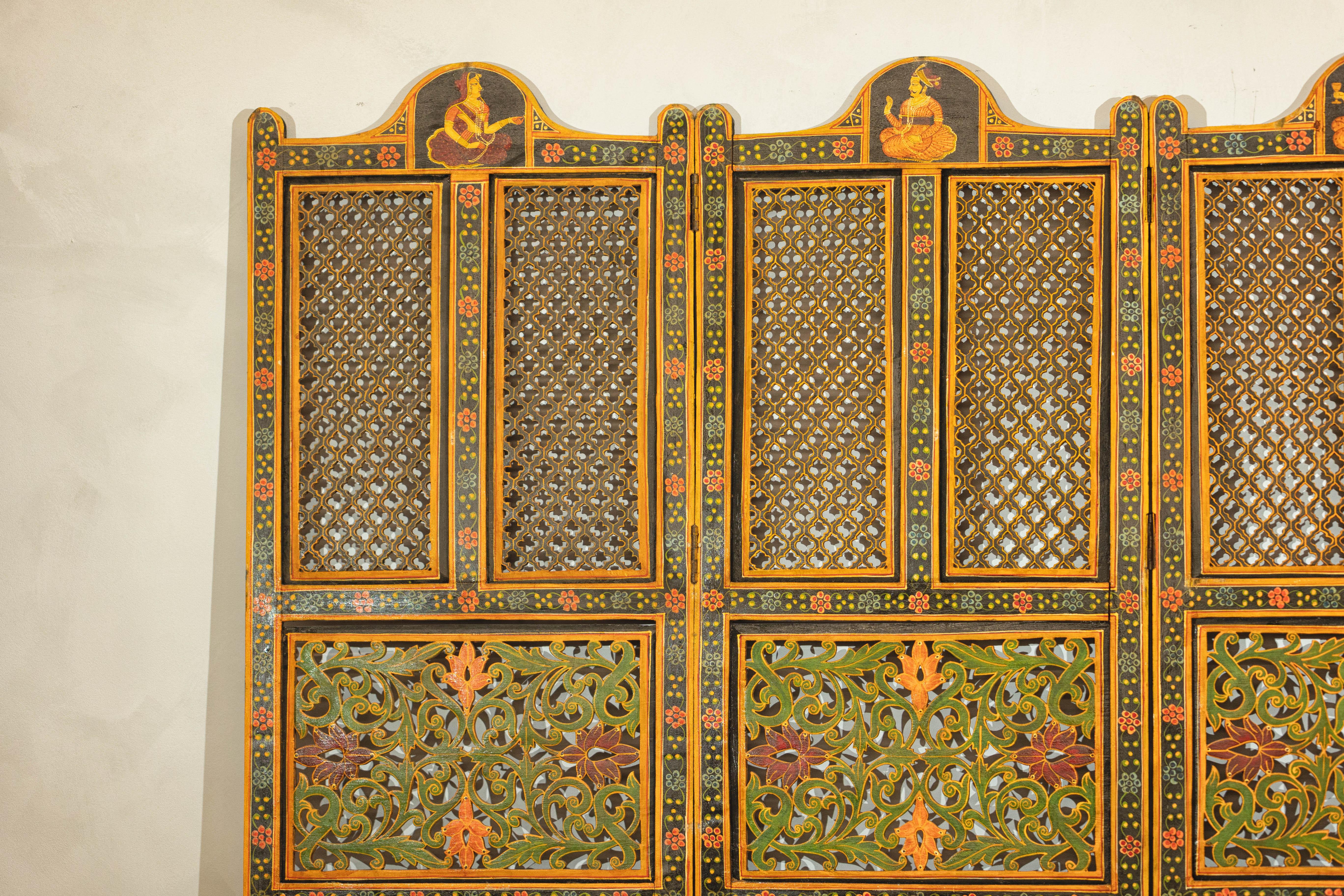 Mid-Century Indian Fretwork Screen with Hand-Painted Details and Bold Colors In Good Condition For Sale In Yonkers, NY