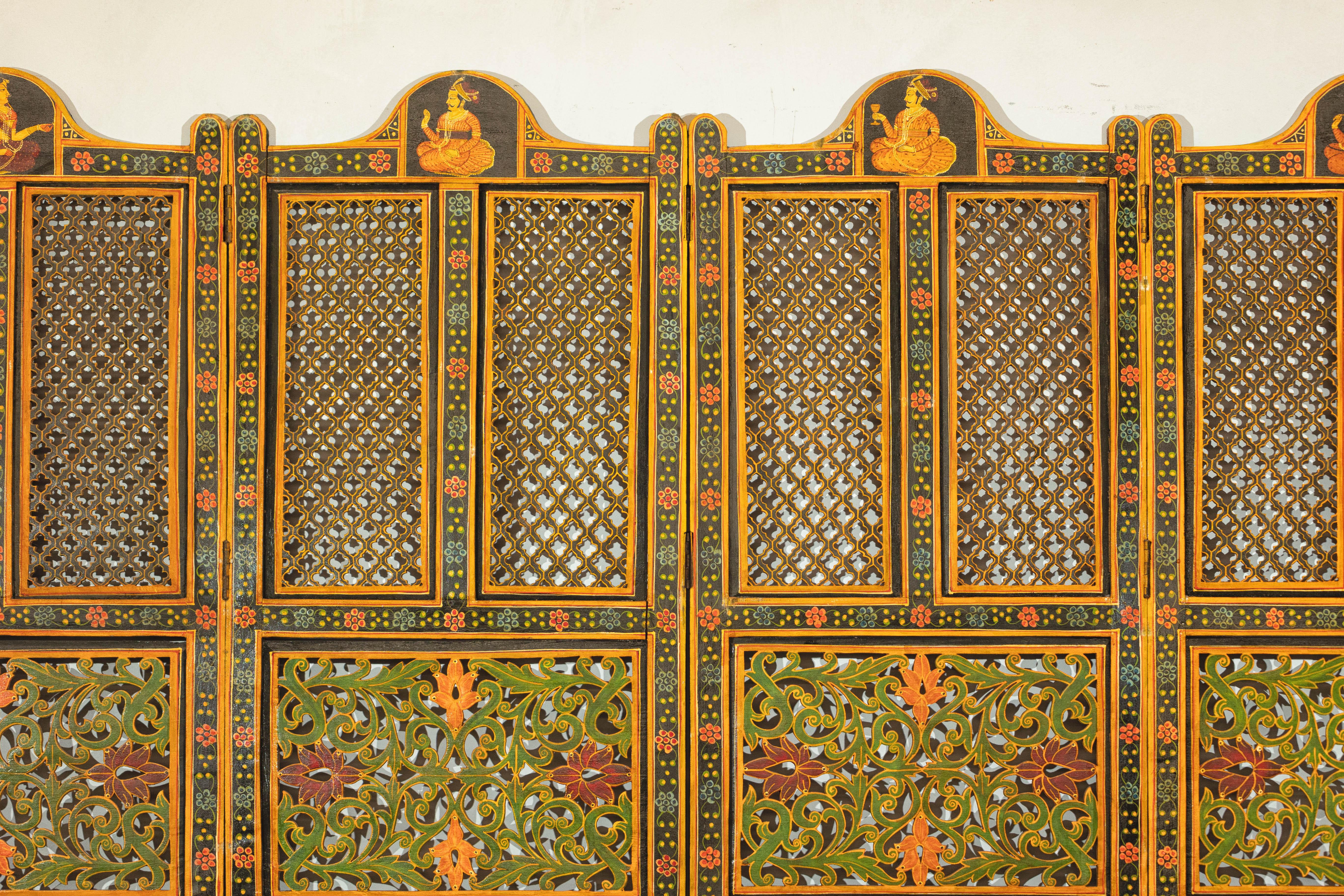 20th Century Mid-Century Indian Fretwork Screen with Hand-Painted Details and Bold Colors For Sale