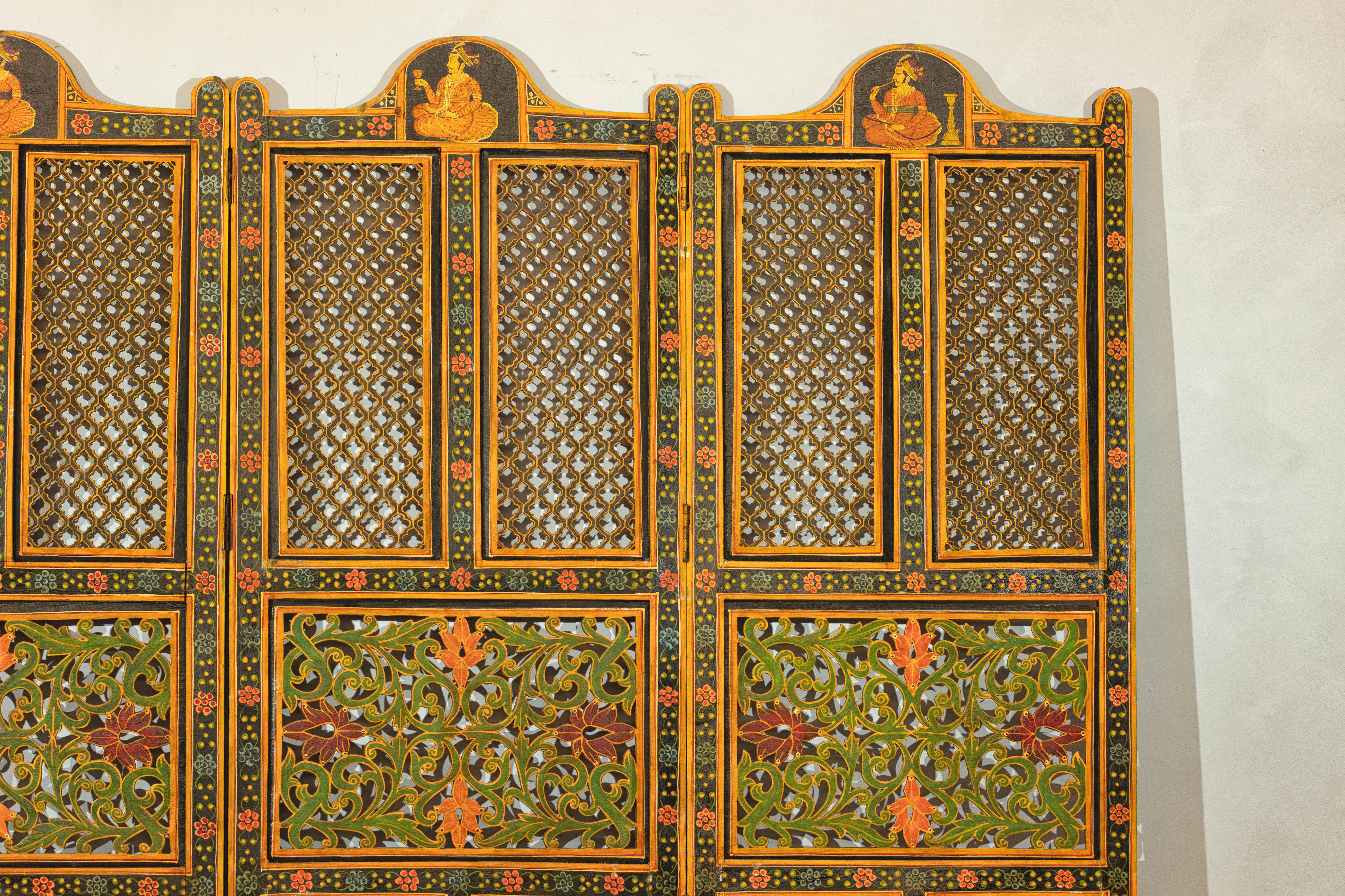 Wood Mid-Century Indian Fretwork Screen with Hand-Painted Details and Bold Colors For Sale