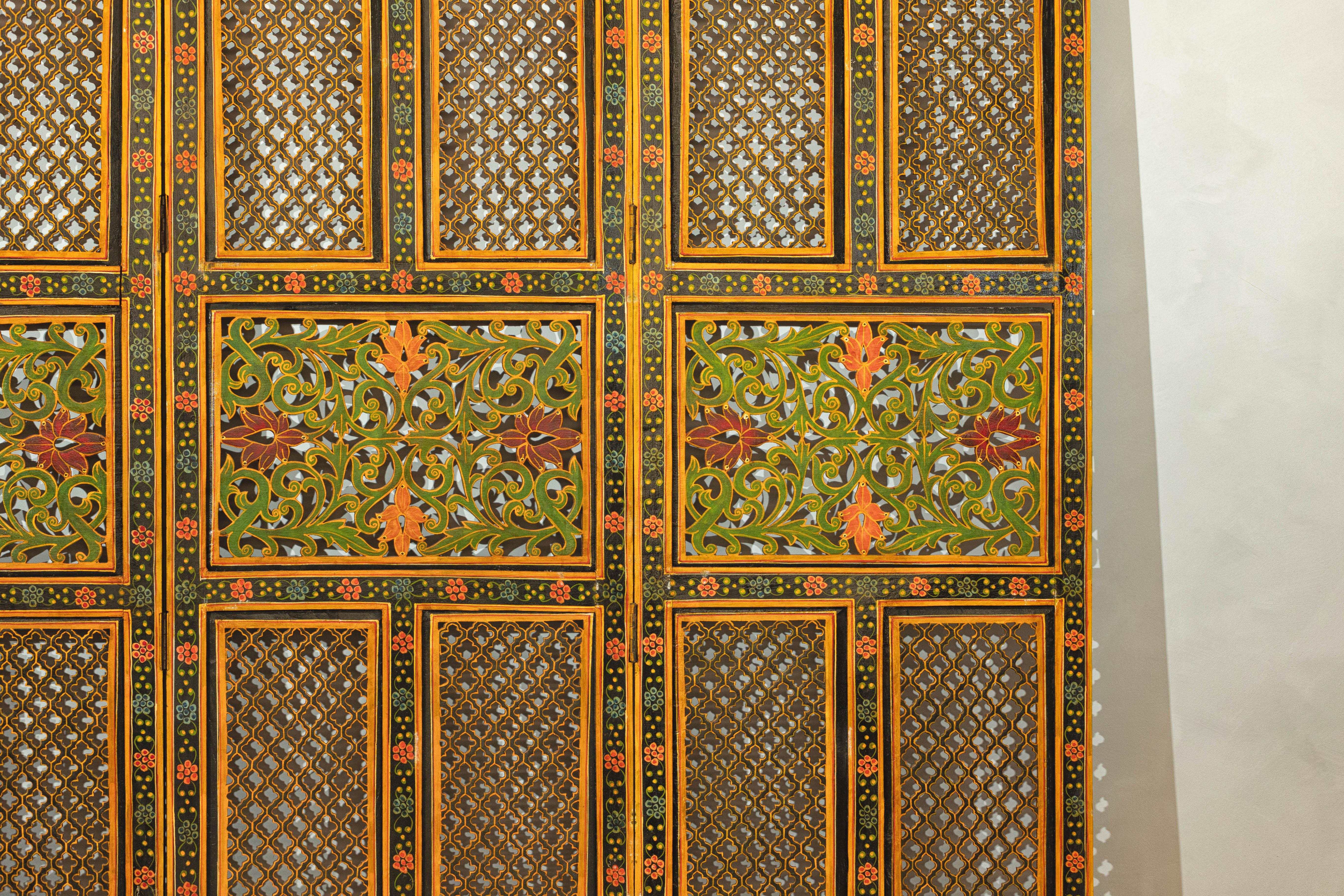 Mid-Century Indian Fretwork Screen with Hand-Painted Details and Bold Colors For Sale 1