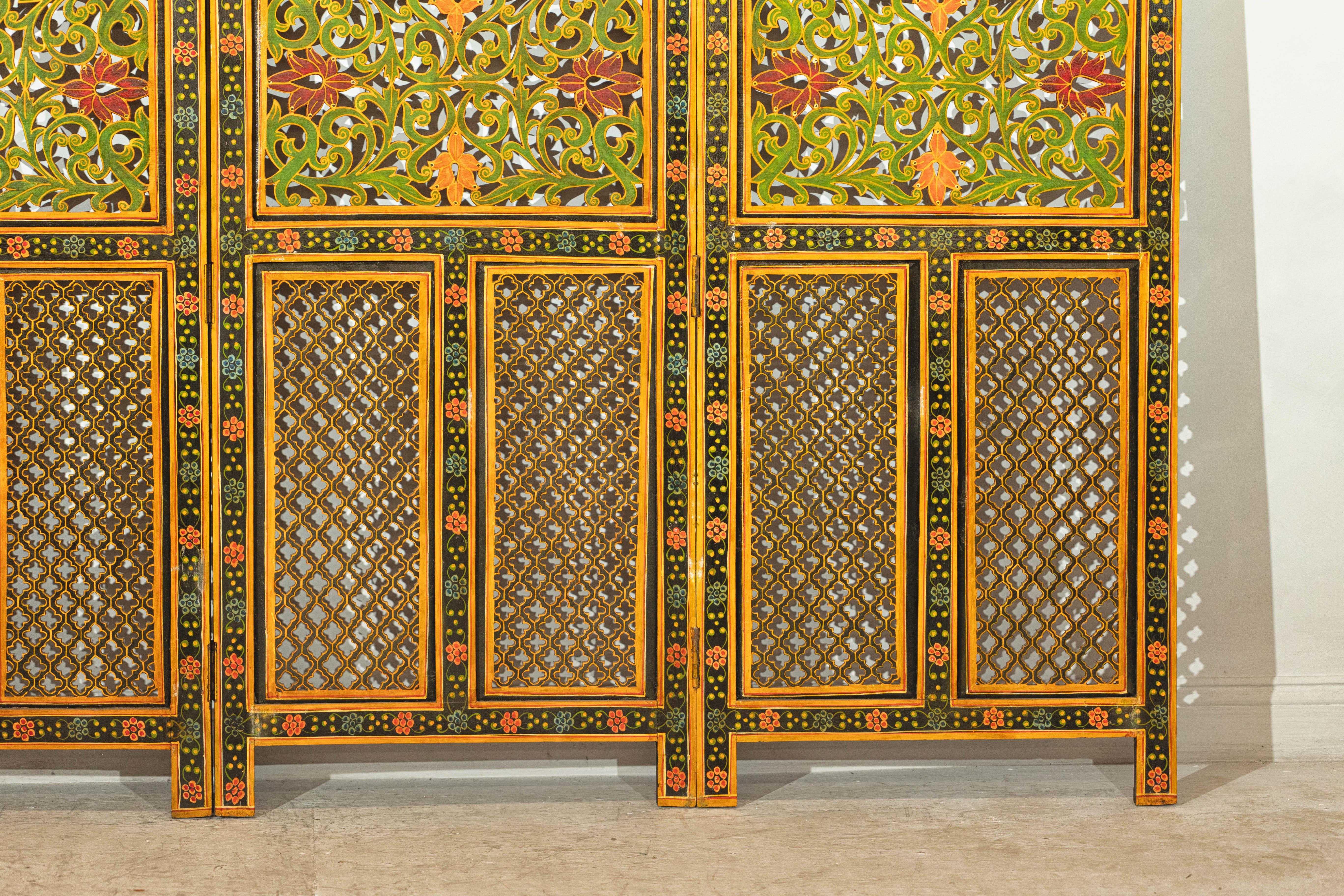 Mid-Century Indian Fretwork Screen with Hand-Painted Details and Bold Colors For Sale 2