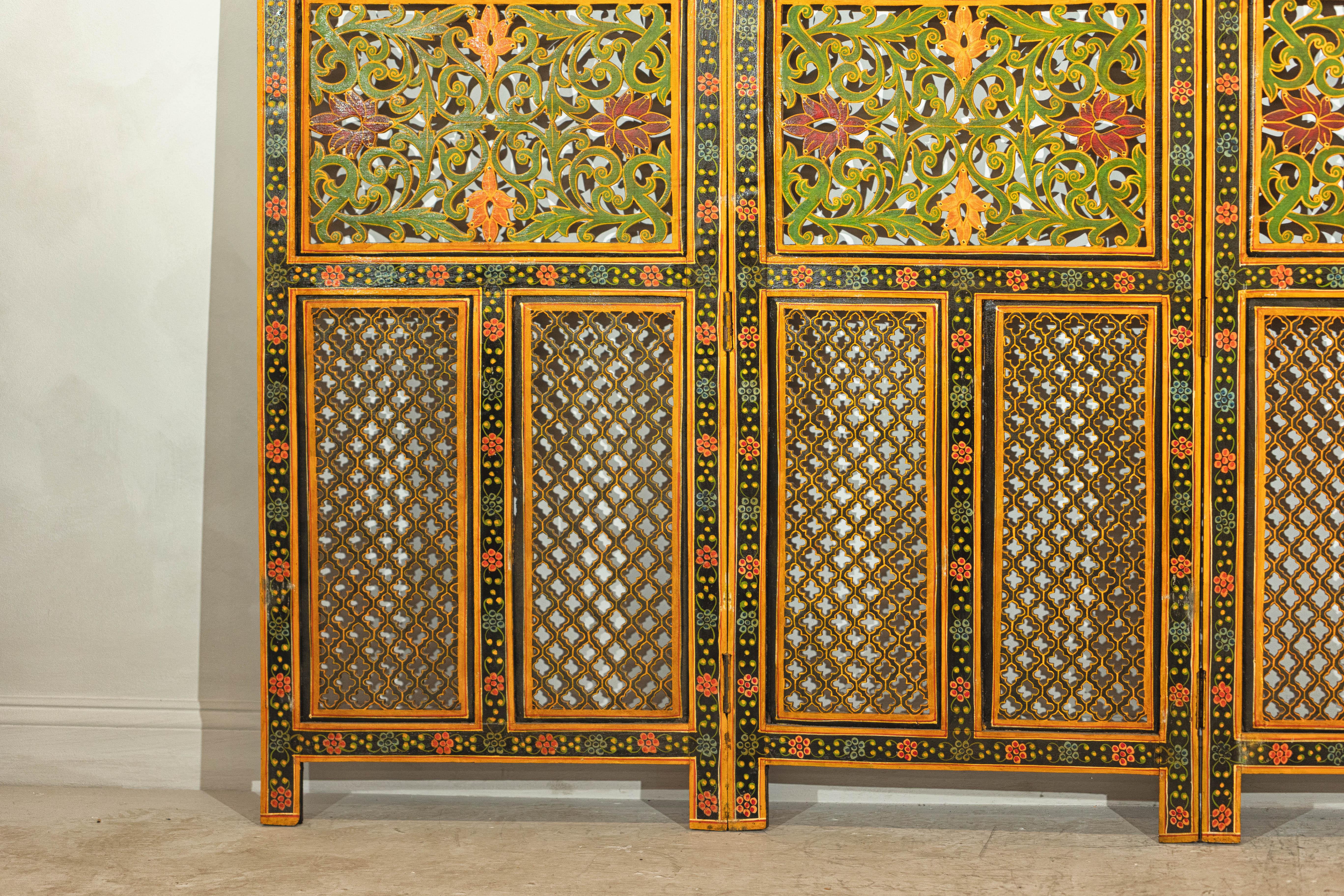 Mid-Century Indian Fretwork Screen with Hand-Painted Details and Bold Colors For Sale 3