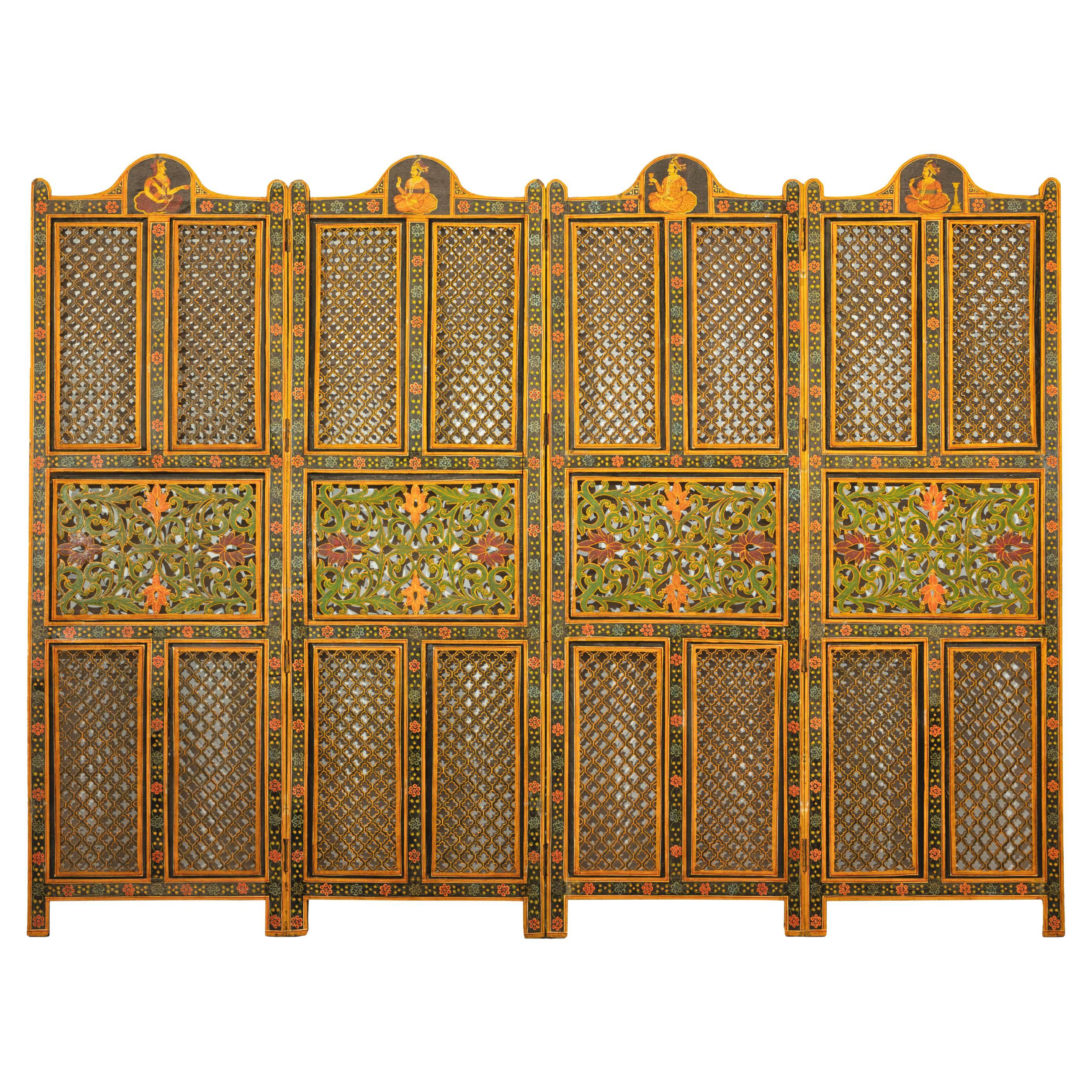Mid-Century Indian Fretwork Screen with Hand-Painted Details and Bold Colors For Sale