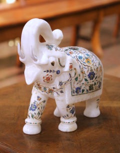 Mid-Century Indian Marble Elephant with Pietra Dura Floral Inlay