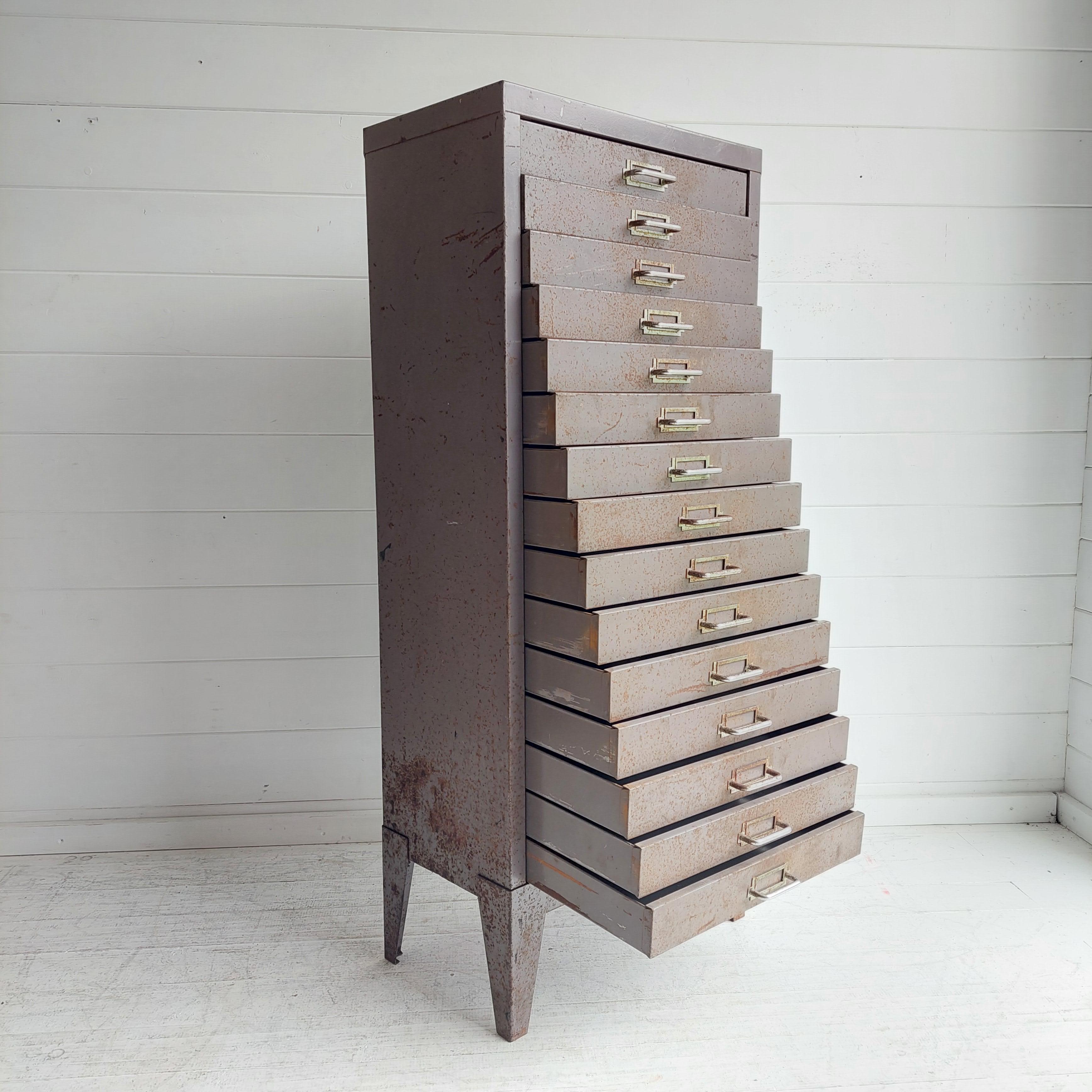 British Mid Century Industrial  15 Drawer Filing Cabinet By Store 1950s
