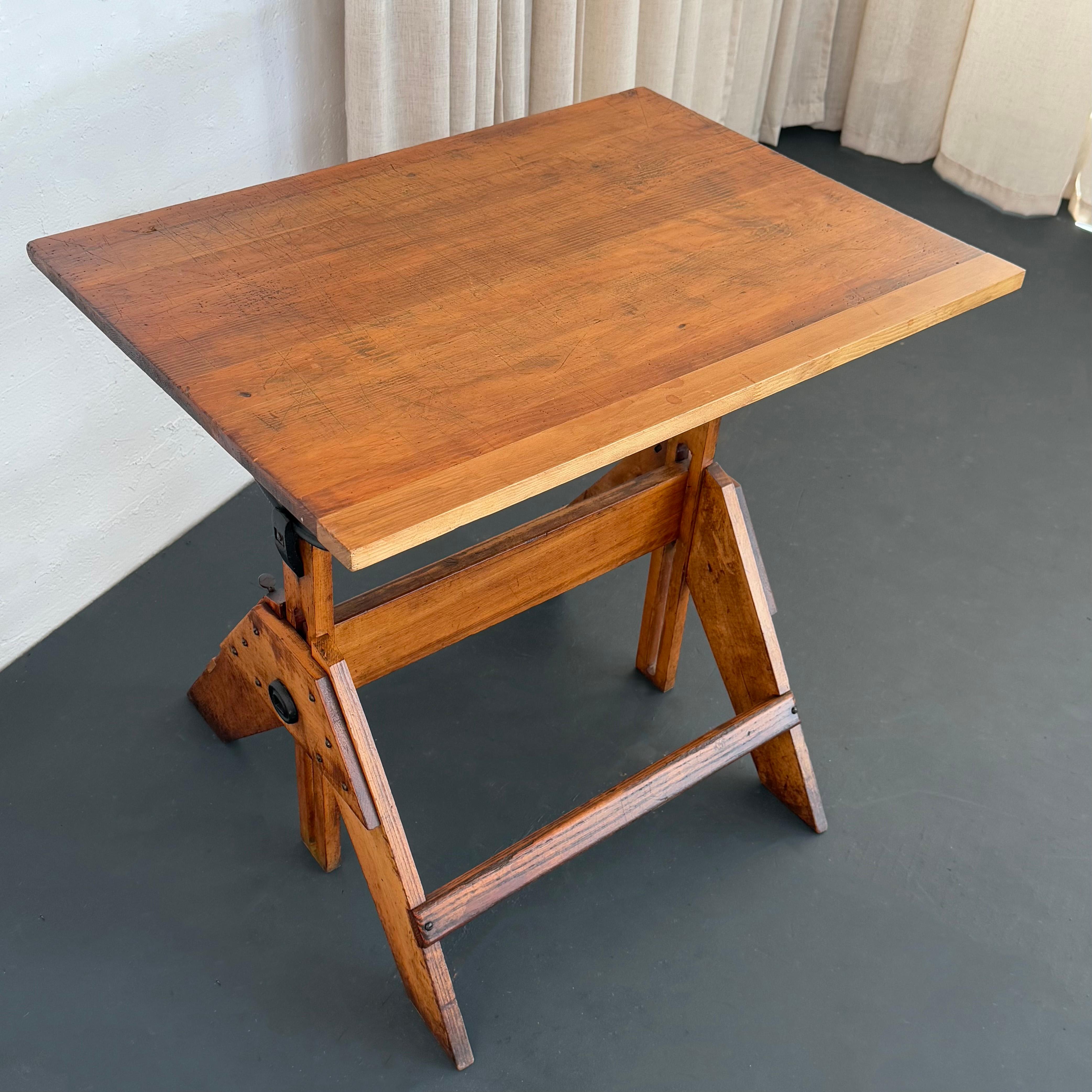 Mid-Century Industrial Adjustable Maple Drafting Table For Sale 3