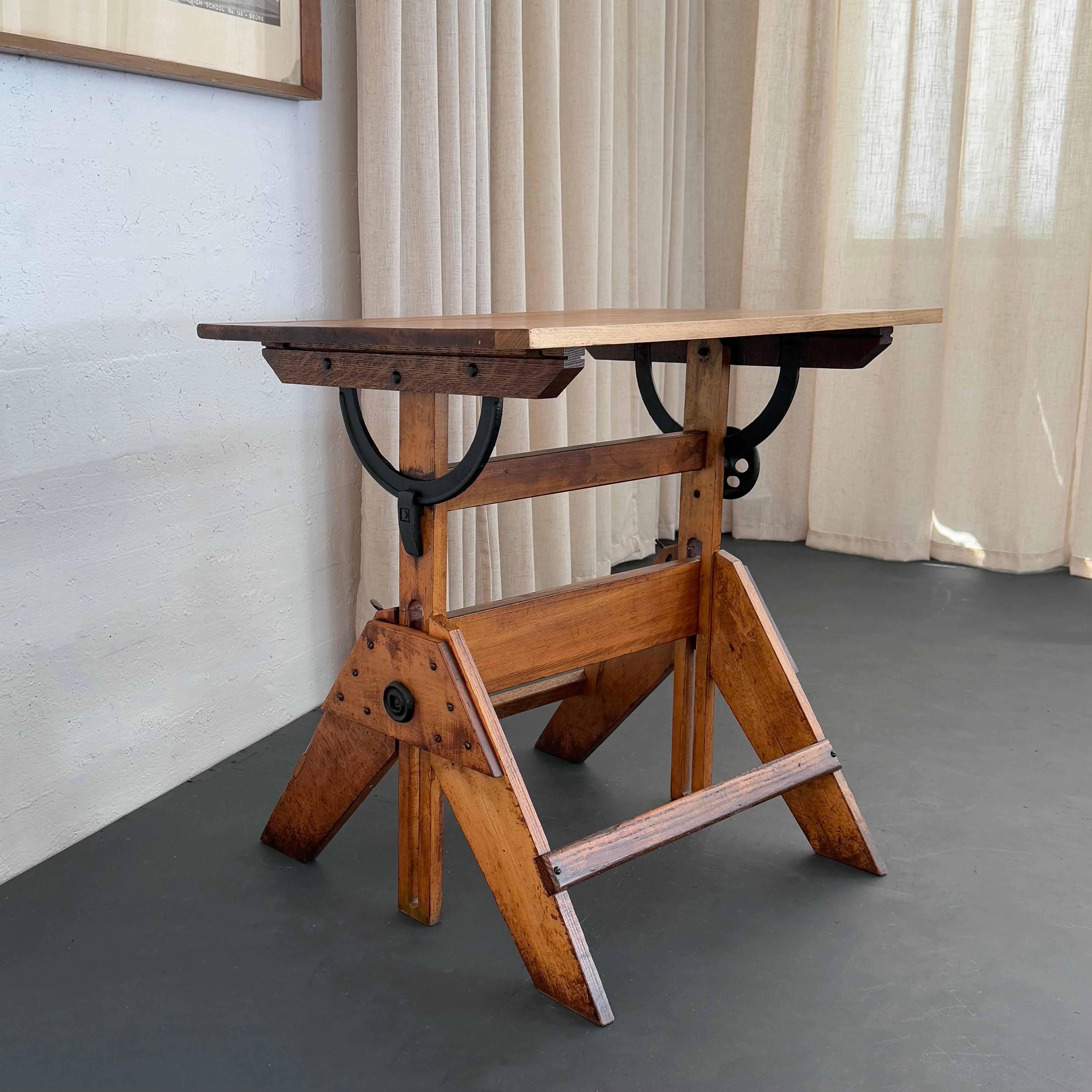 American Mid-Century Industrial Adjustable Maple Drafting Table For Sale