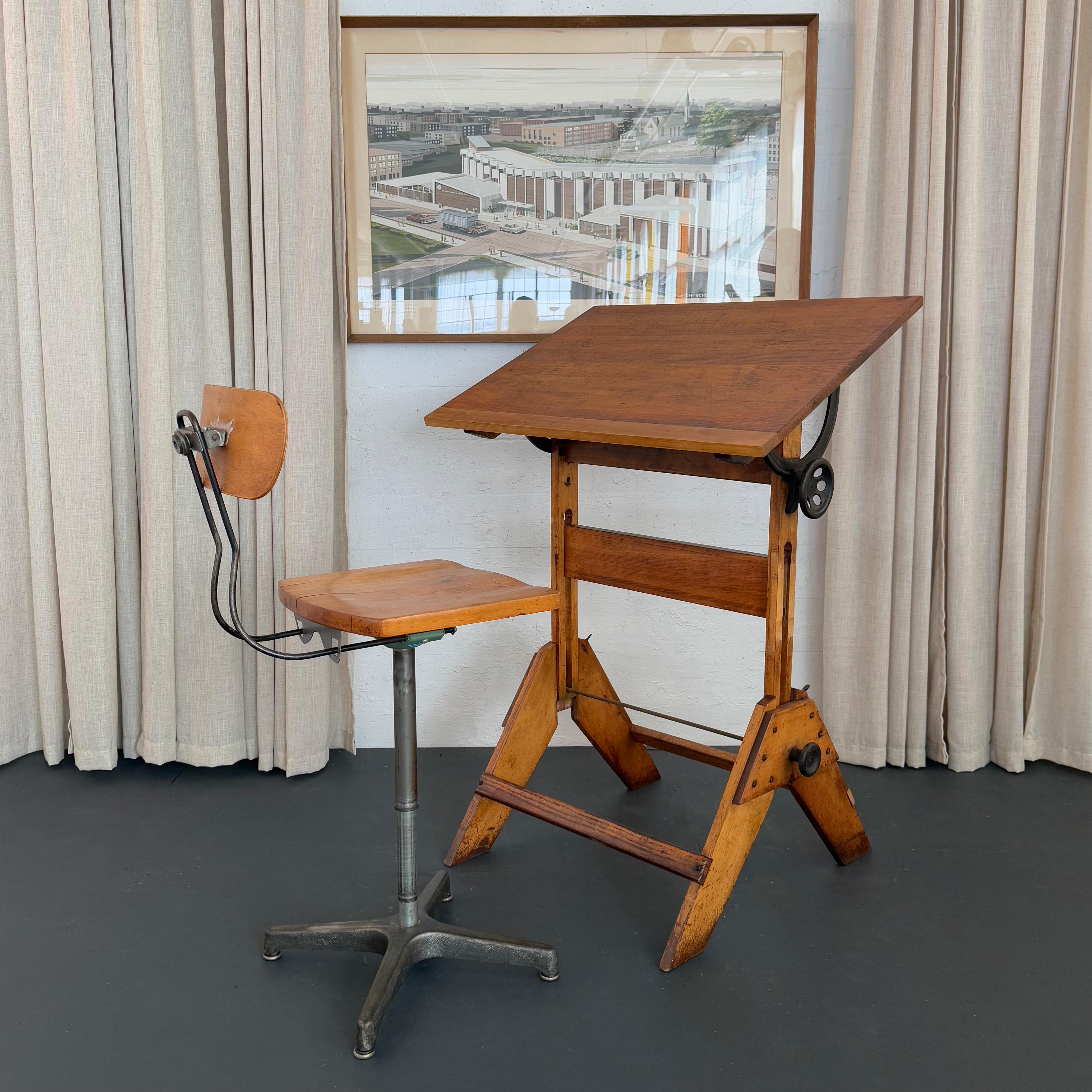 Cast Mid-Century Industrial Adjustable Maple Drafting Table For Sale