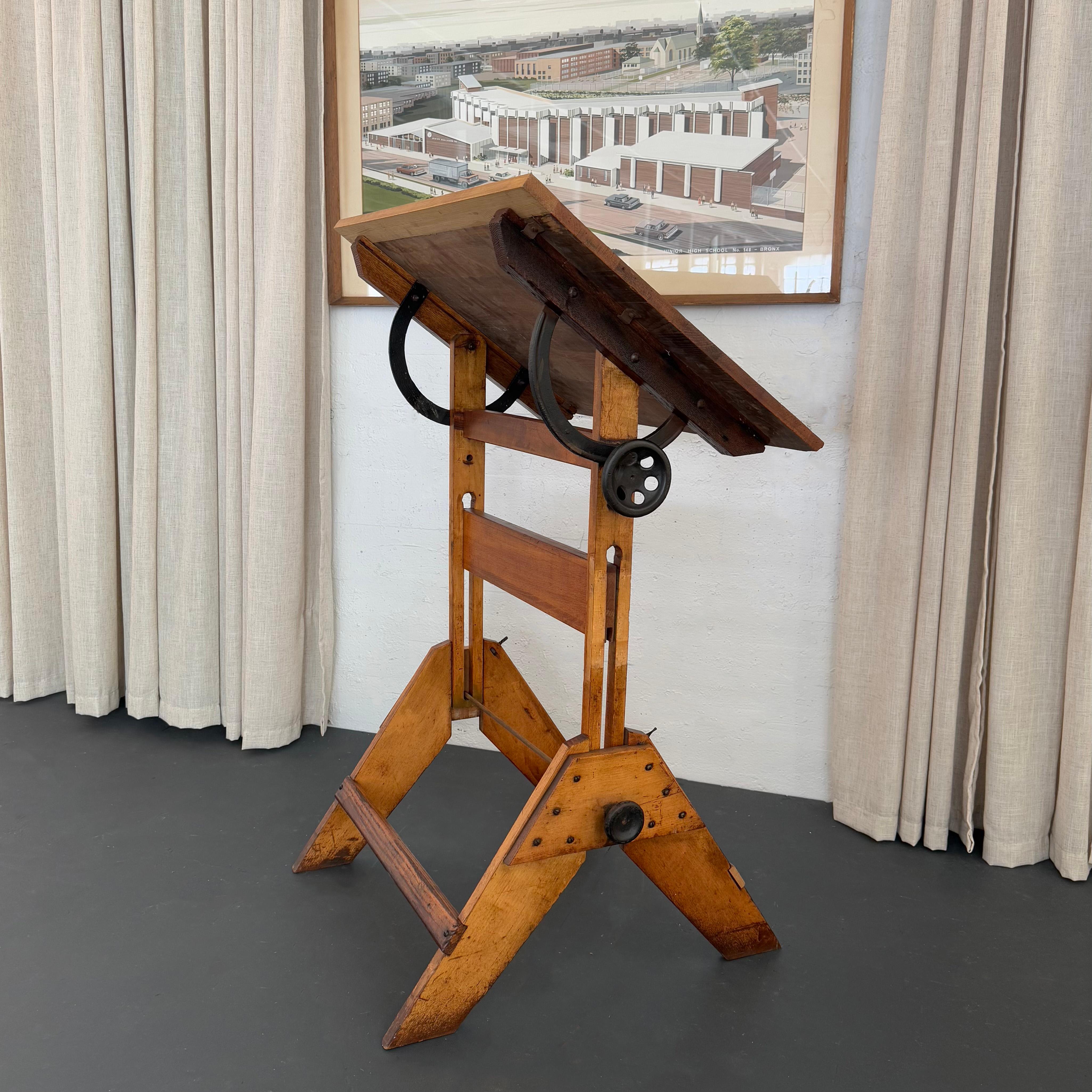 Mid-Century Industrial Adjustable Maple Drafting Table In Good Condition For Sale In Brooklyn, NY