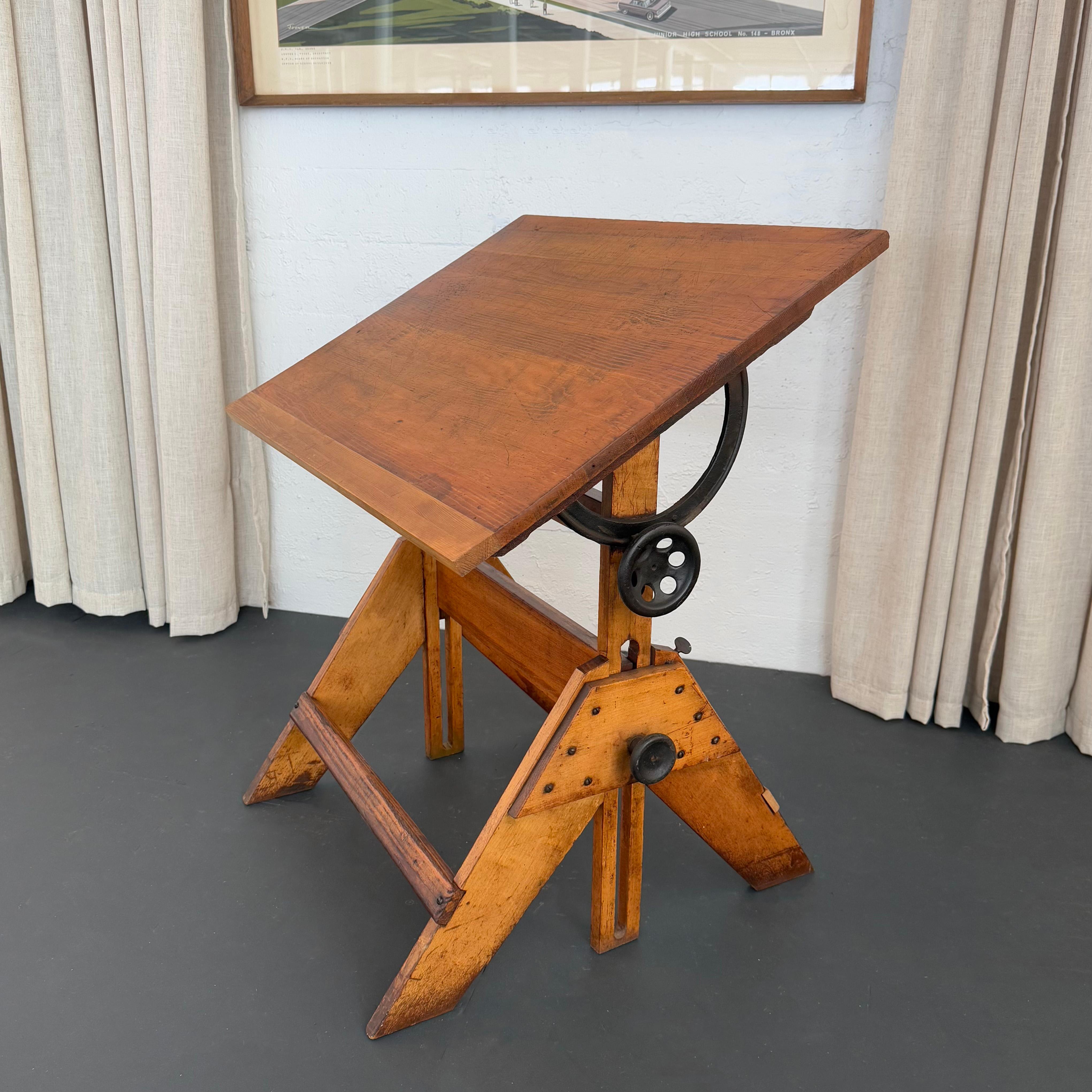 Iron Mid-Century Industrial Adjustable Maple Drafting Table For Sale