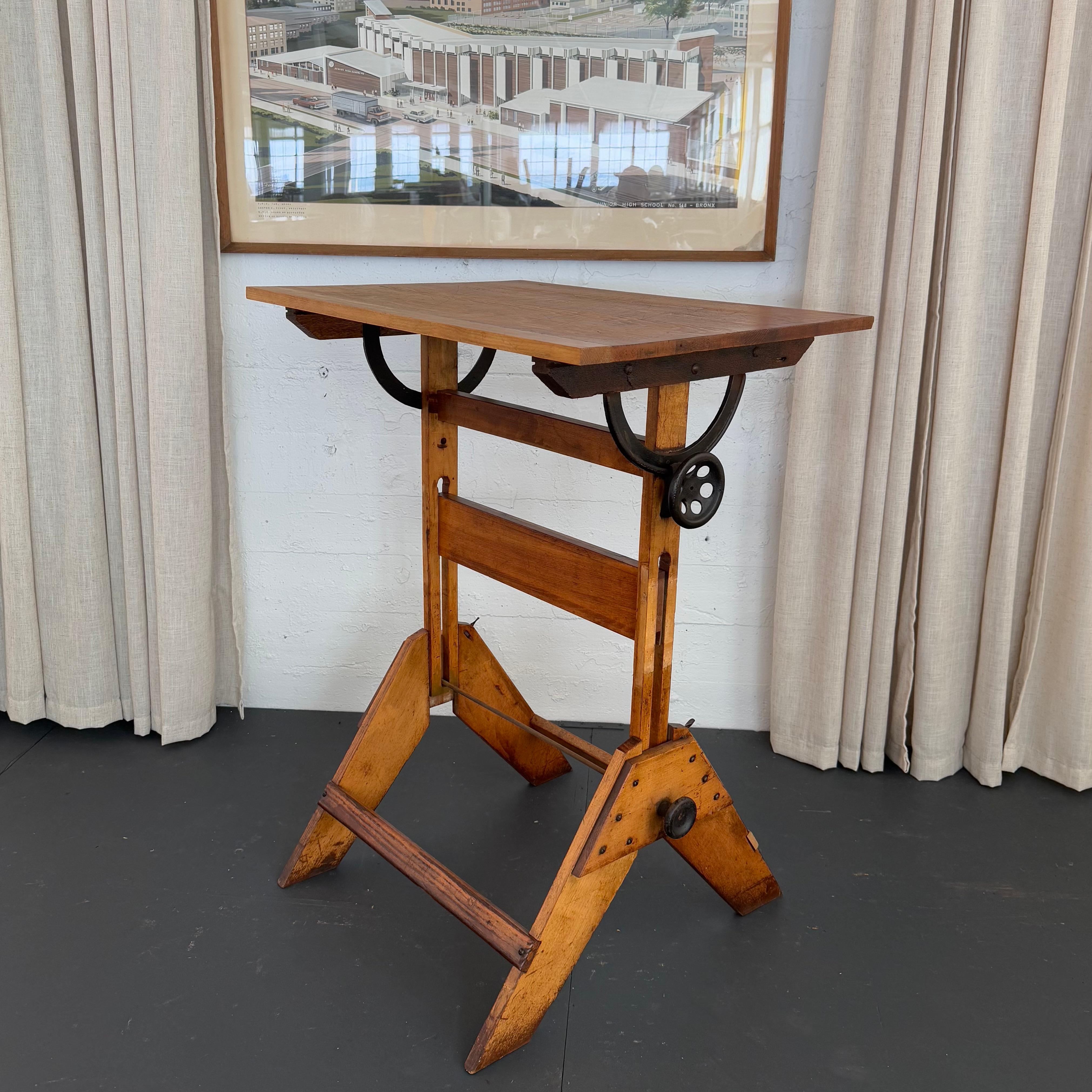 Mid-Century Industrial Adjustable Maple Drafting Table For Sale 1