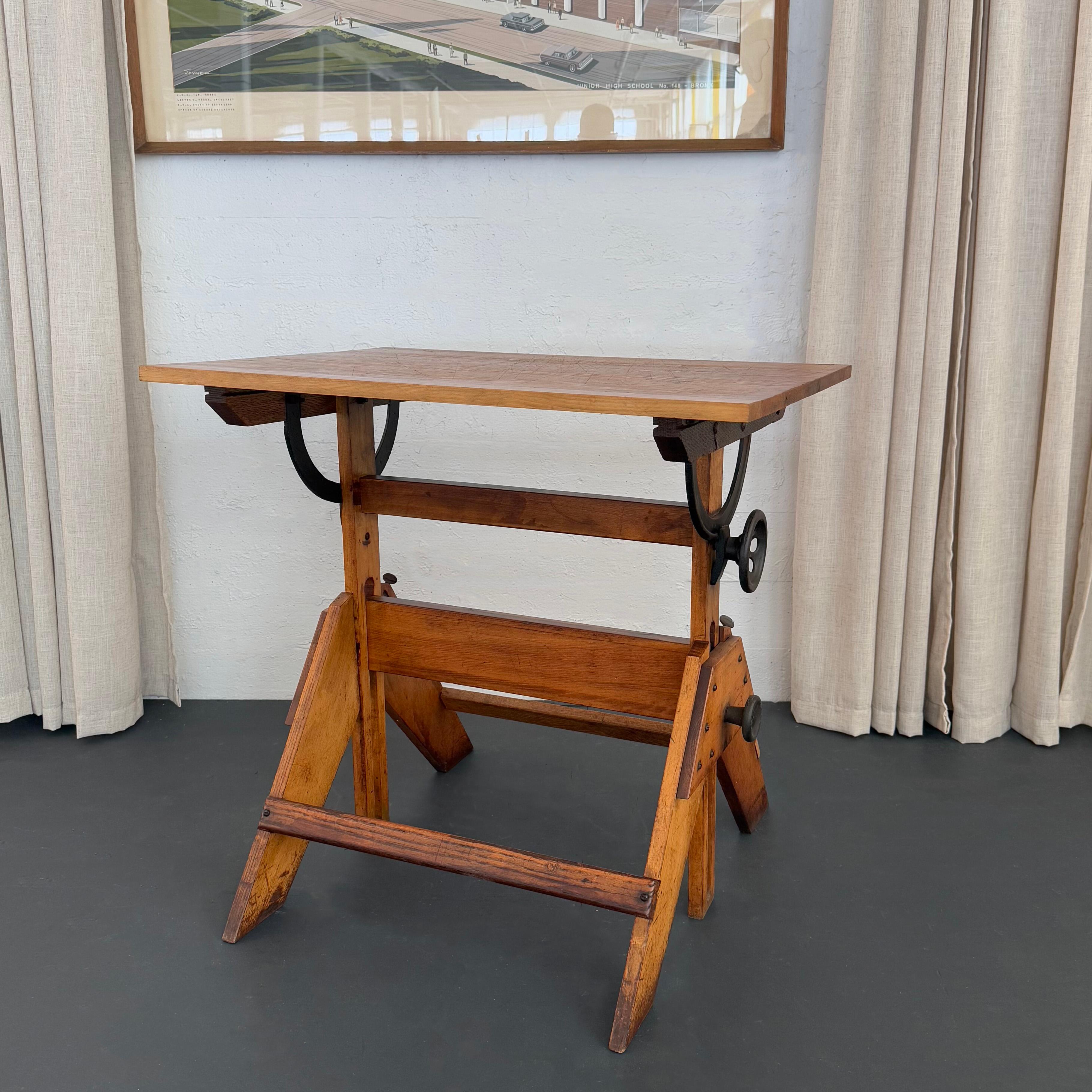 Mid-Century Industrial Adjustable Maple Drafting Table For Sale 2