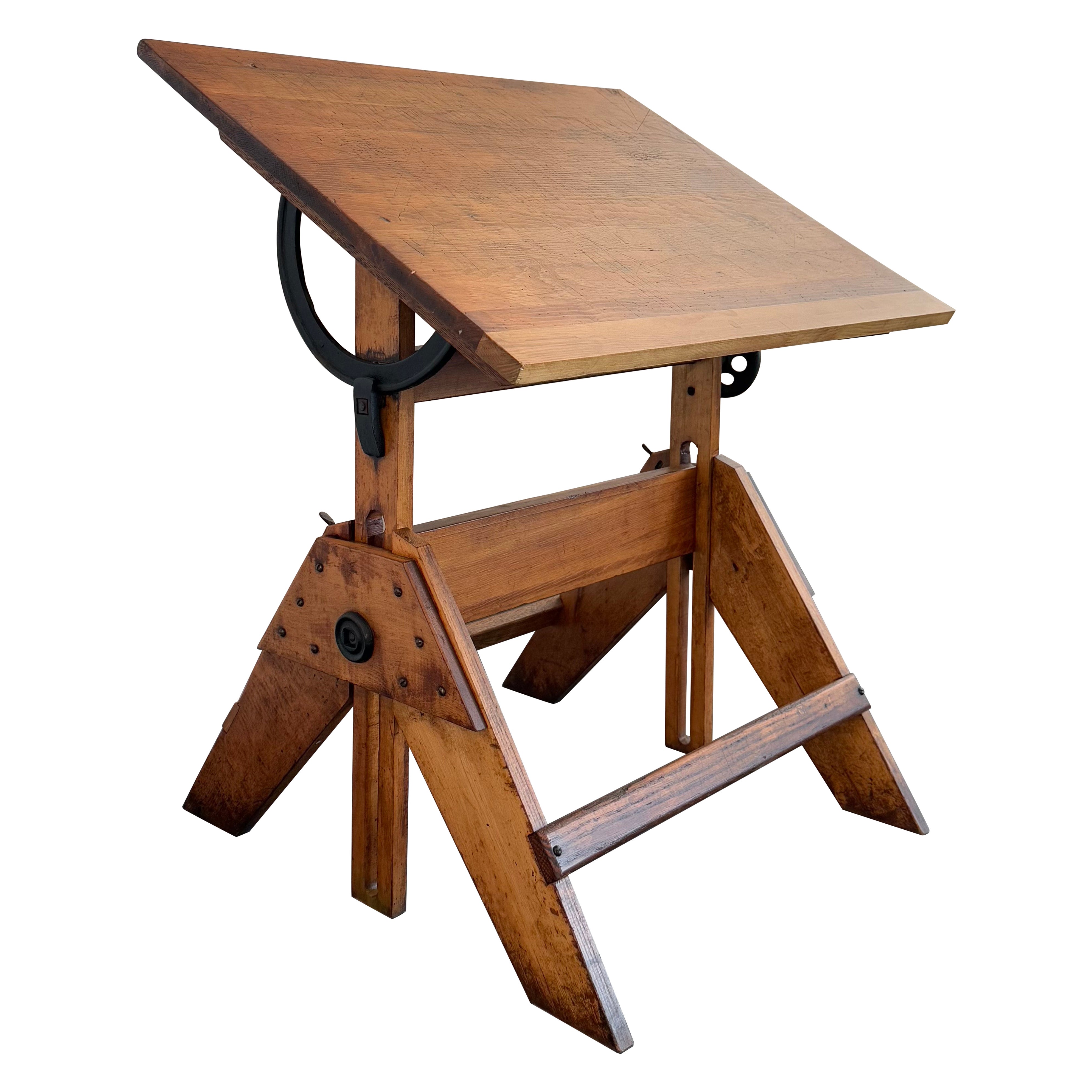 Mid-Century Industrial Adjustable Maple Drafting Table For Sale