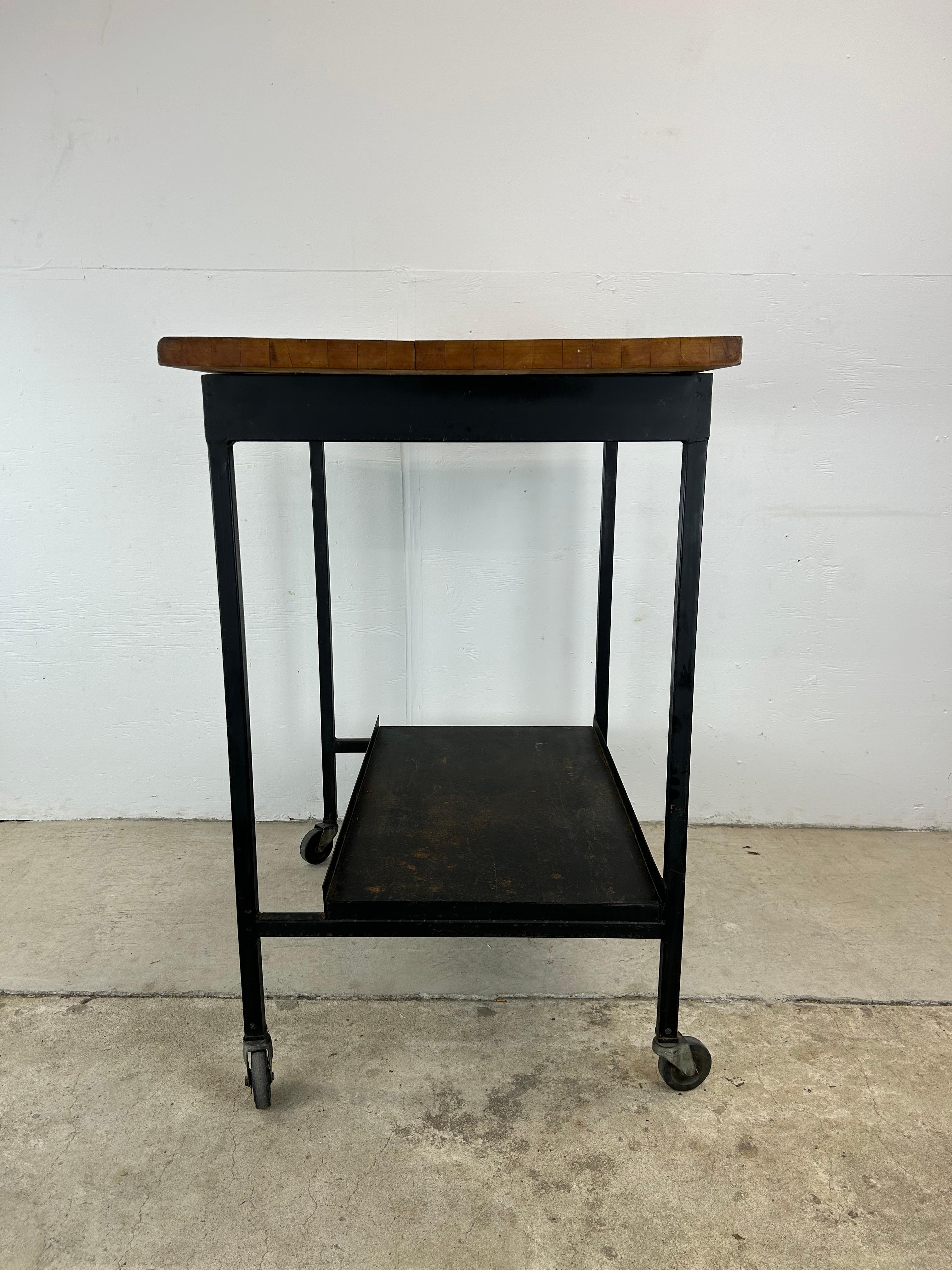 Mid Century Industrial Bar Cart with Wheeled Base & Butcher Block Top For Sale 9